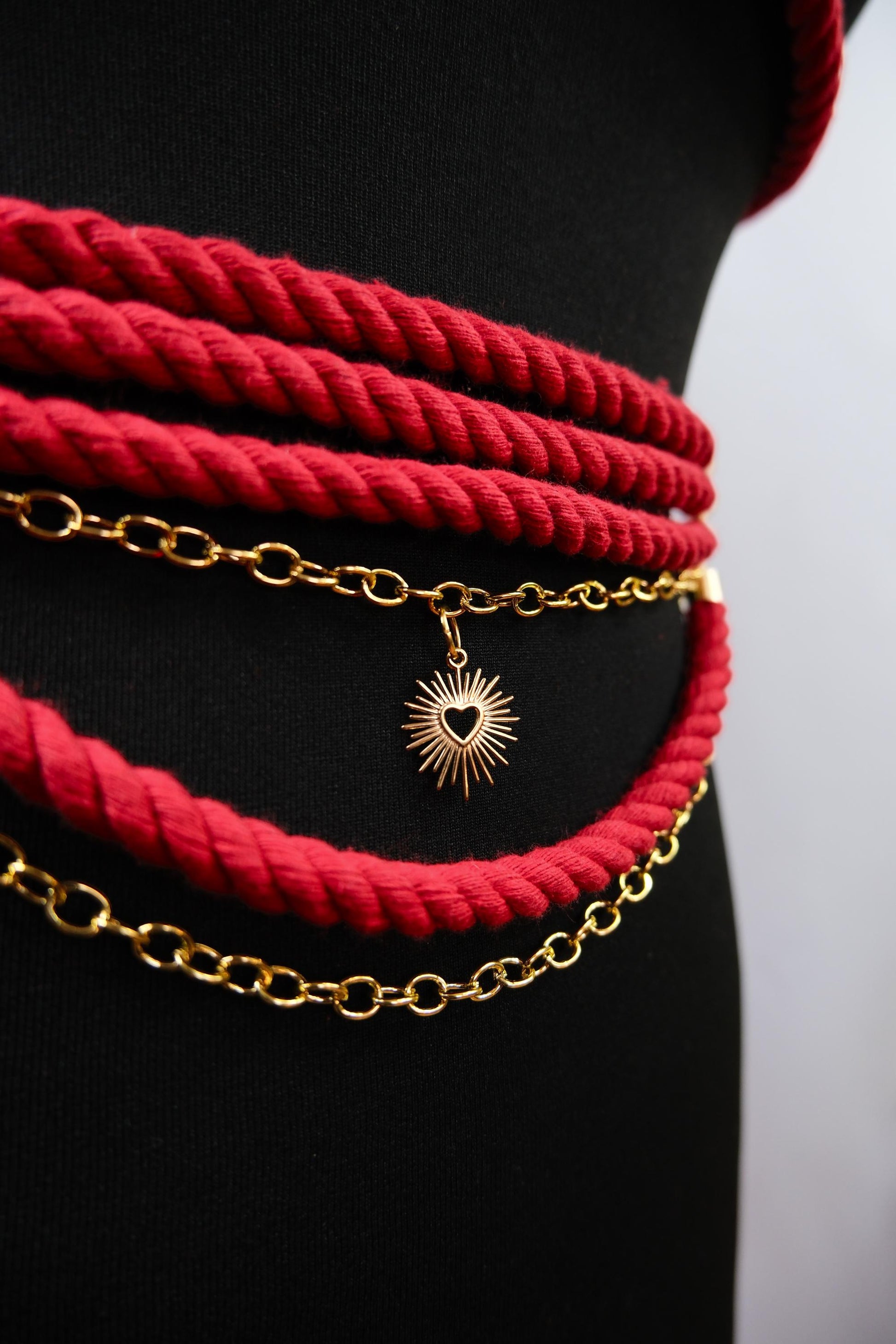 Cage Bra Harness and Belt xRed Shibari Rope with Gold Chain Accents // Fetish // Bondage // Gothic // Festival // Clubbing