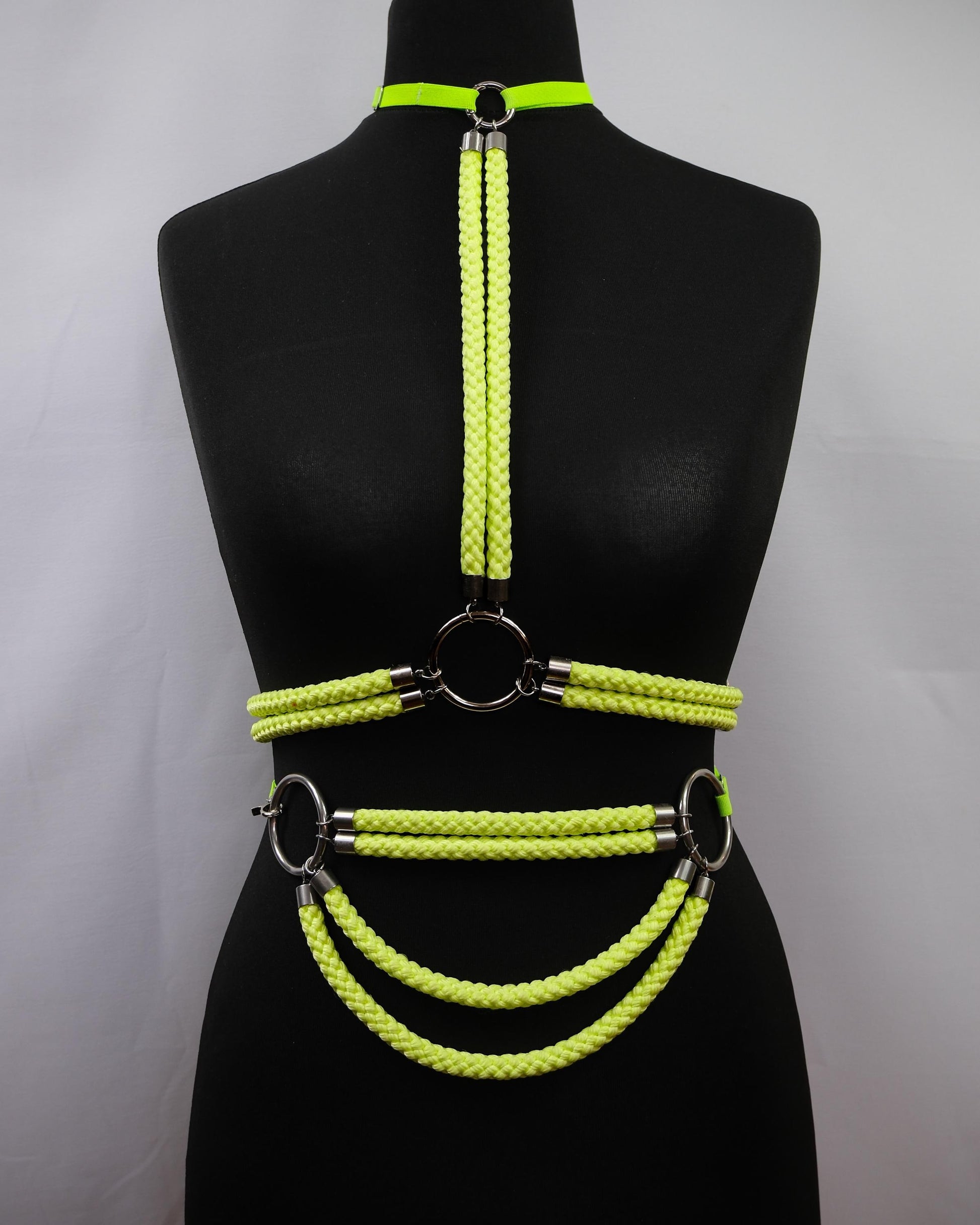 Neon Yellow Cage Bra Harness and Belt x Bondage Rope with Silver Accents // Fetish // Bondage // Festival // Clubbing // UV