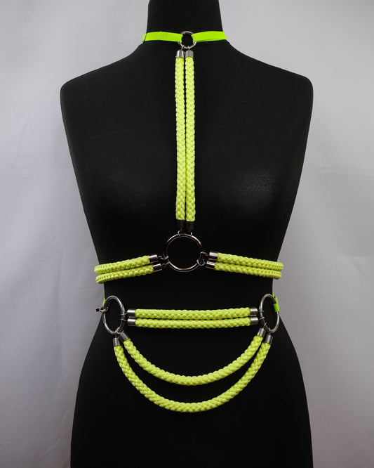 Neon Yellow Cage Bra Harness and Belt x Bondage Rope with Silver Accents // Fetish // Bondage // Festival // Clubbing // UV