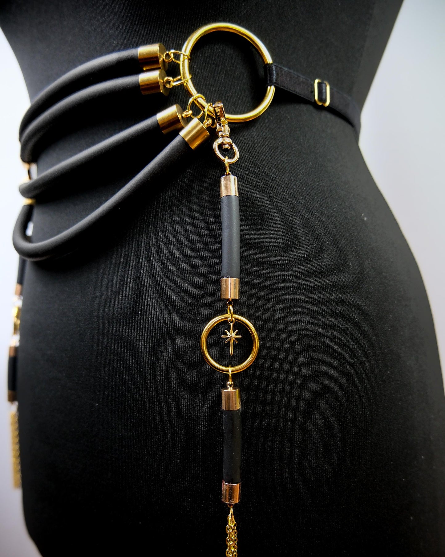 Cage Bra Harness and Belt x Black Rubber with Gold Accents // Fetish // Bondage // Gothic // Festival // Clubbing