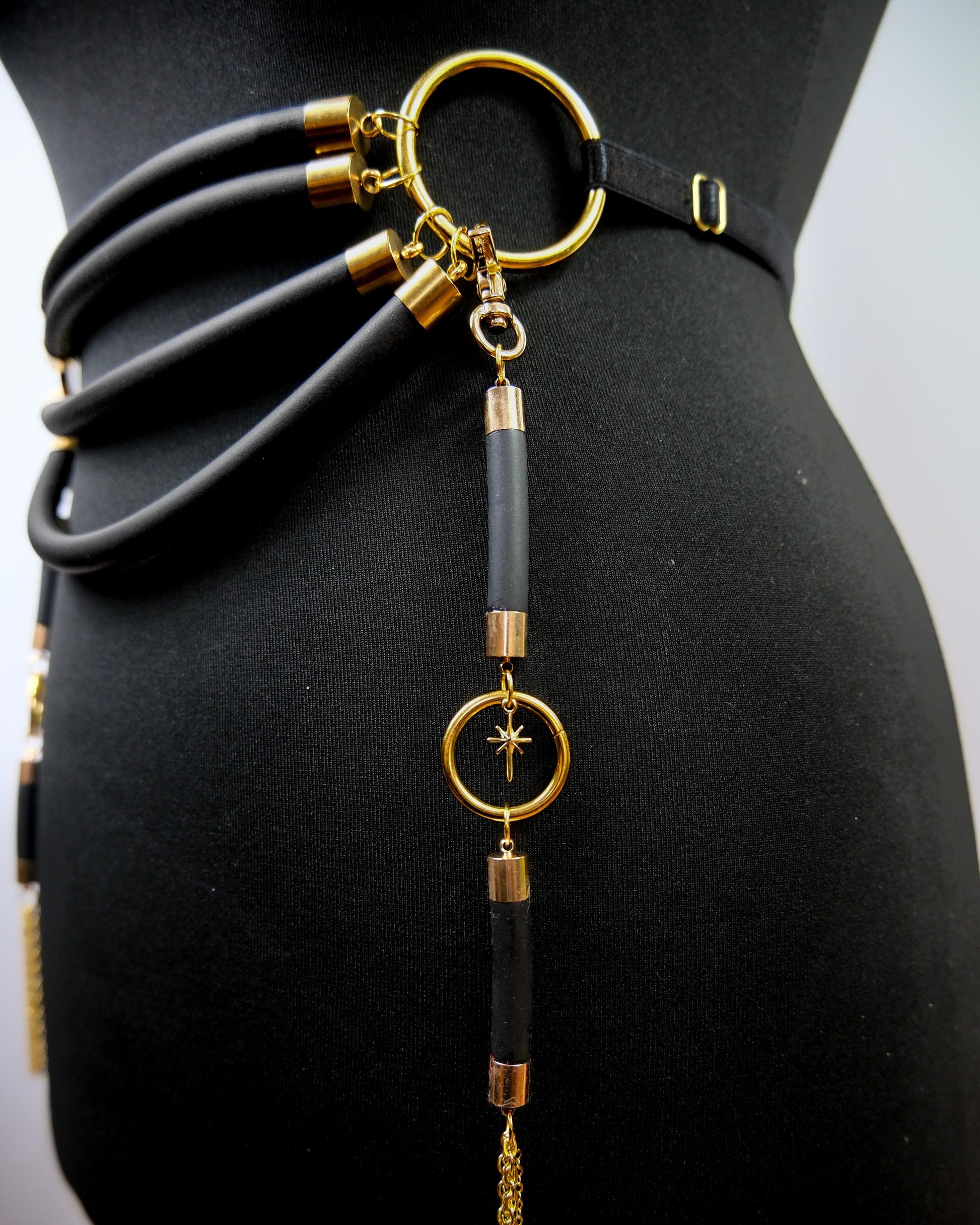 Cage Bra Harness and Belt x Black Rubber with Gold Accents // Fetish // Bondage // Gothic // Festival // Clubbing