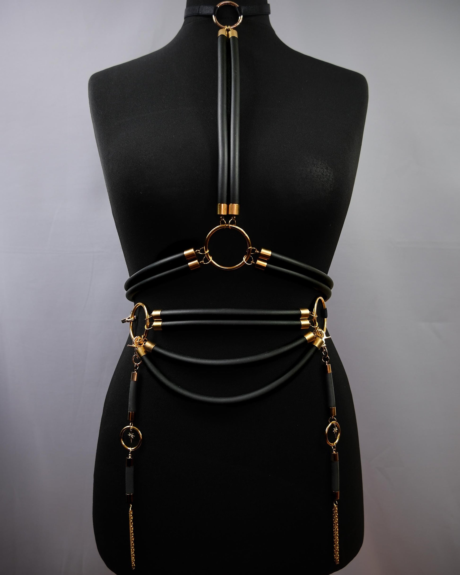 Cage Bra Harness and Belt x Black Rubber with Gold Accents // Fetish // Bondage // Gothic // Festival // Clubbing