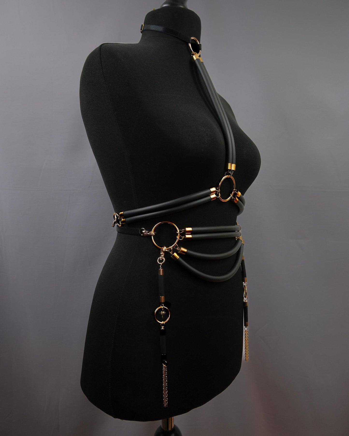 Cage Bra Harness and Belt x Black Rubber with Gold Accents // Fetish // Bondage // Gothic // Festival // Clubbing