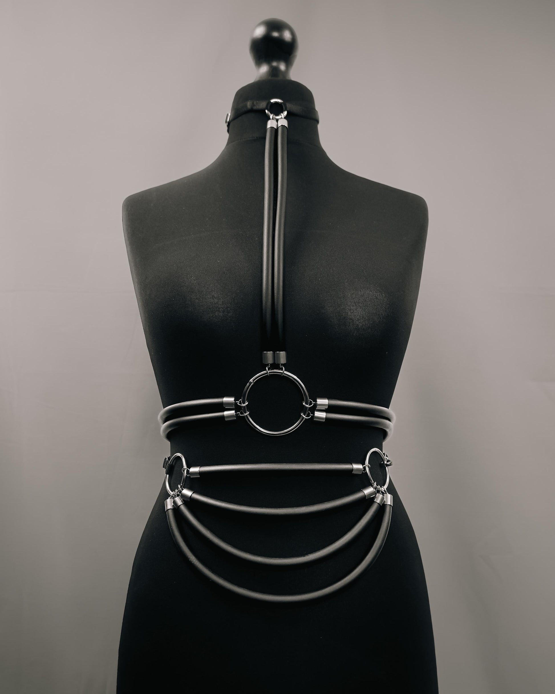 Black Cage Bra Harness and Belt x Neoprene tubing Silver Accents // Fetish // Bondage // Festival // Clubbing.