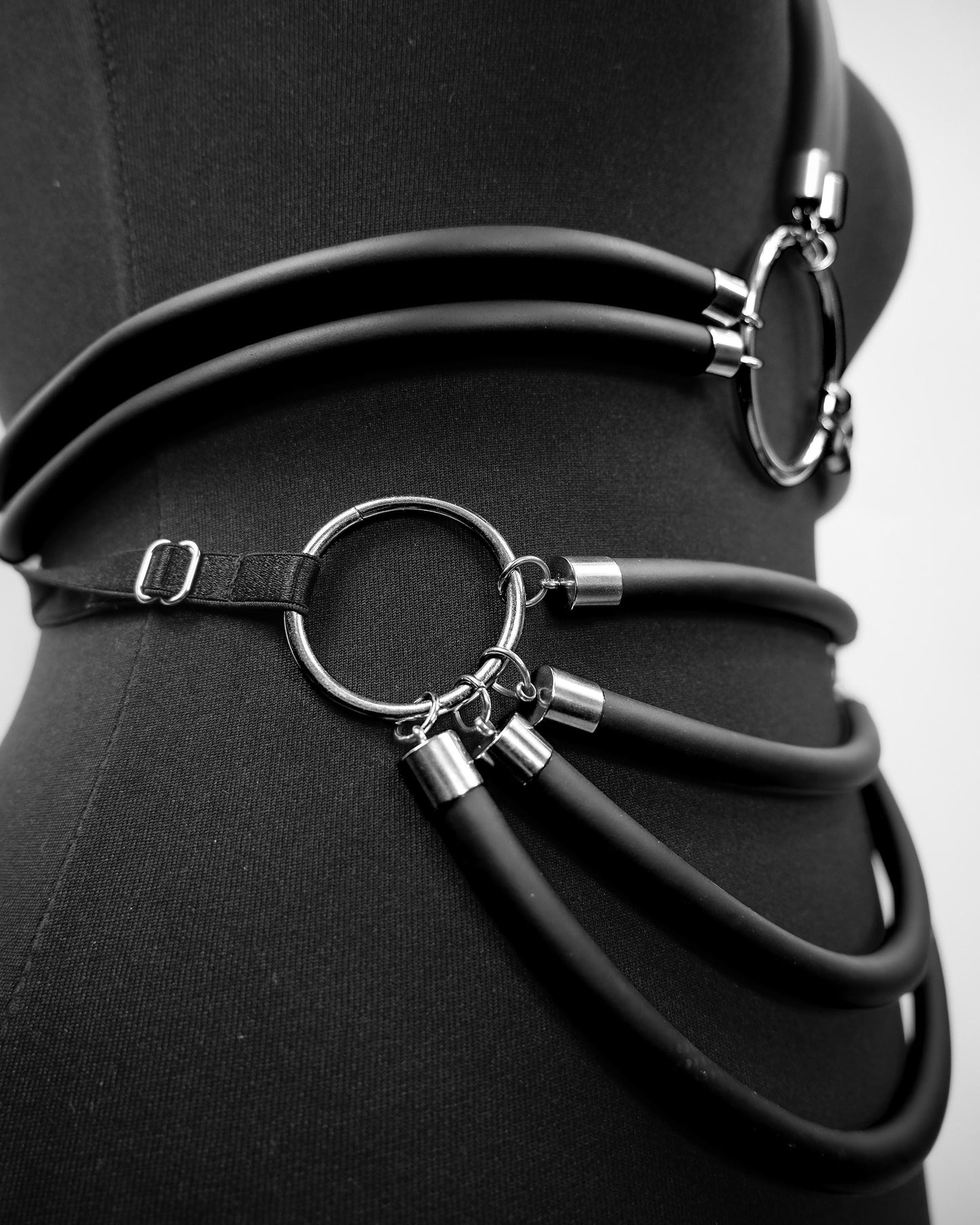 Black Cage Bra Harness and Belt x Neoprene tubing Silver Accents // Fetish // Bondage // Festival // Clubbing.