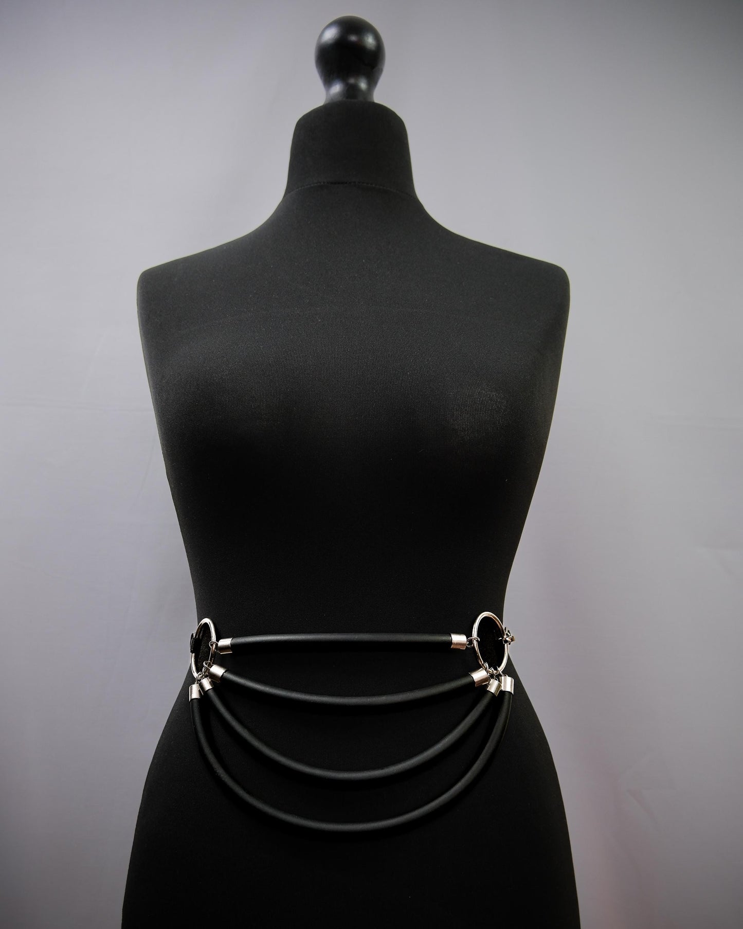 Black Cage Bra Harness and Belt x Neoprene tubing Silver Accents // Fetish // Bondage // Festival // Clubbing.