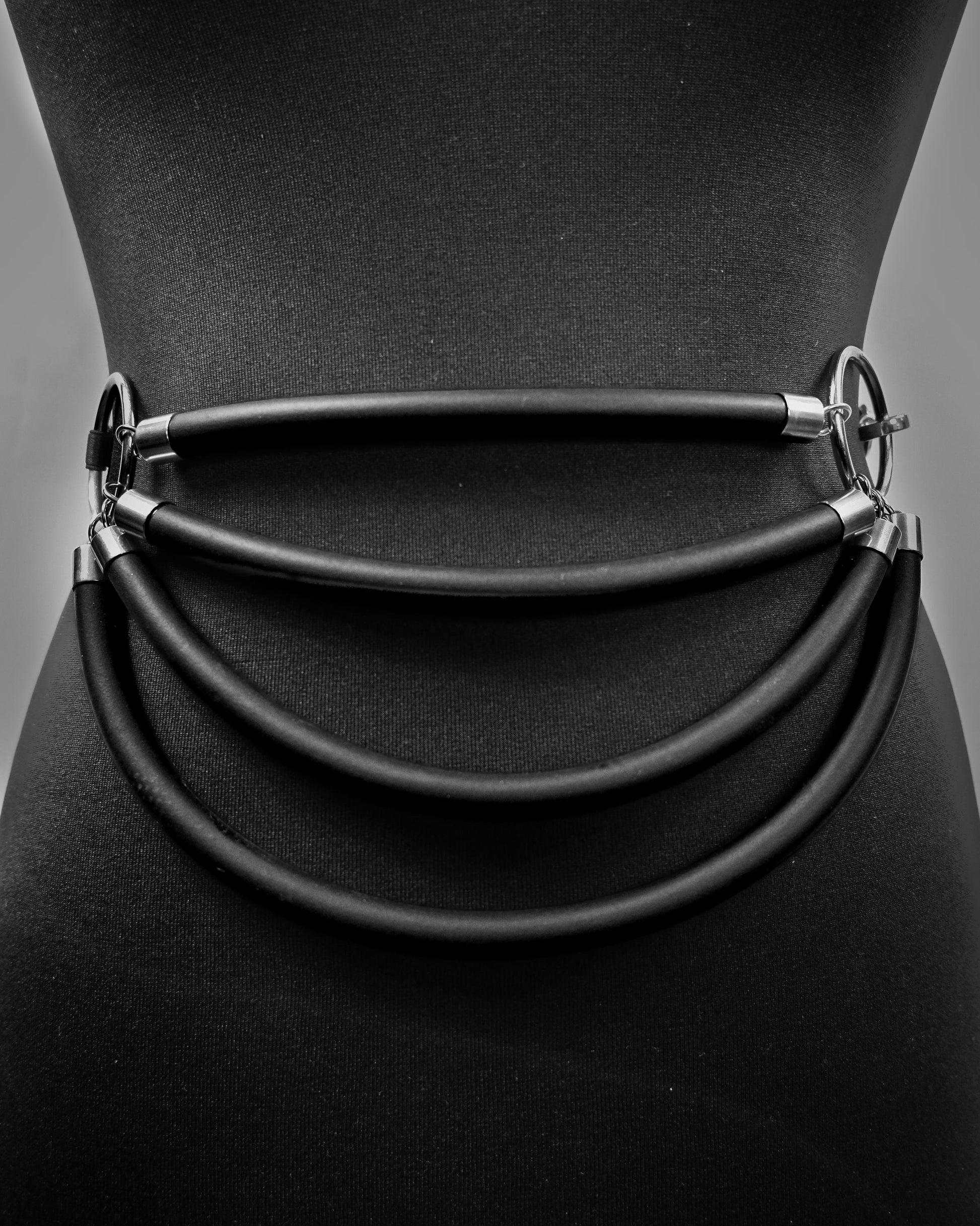 Black Cage Bra Harness and Belt x Neoprene tubing Silver Accents // Fetish // Bondage // Festival // Clubbing.
