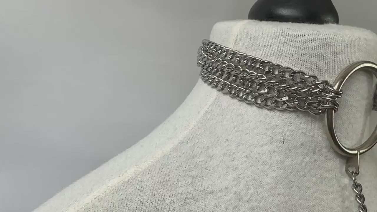 Curb Chain O Ring Choker Layered Dangle Bird Skull Necklace //Gothic Alternative Avant Garde Jewellery