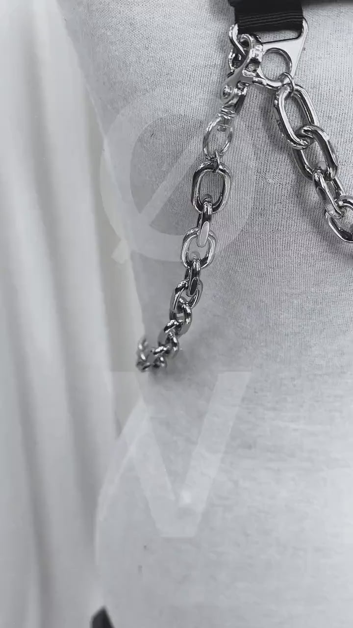 Vegan Leather Harness Collar with chains. Goth//clubwear//fetish//cyber//festival.