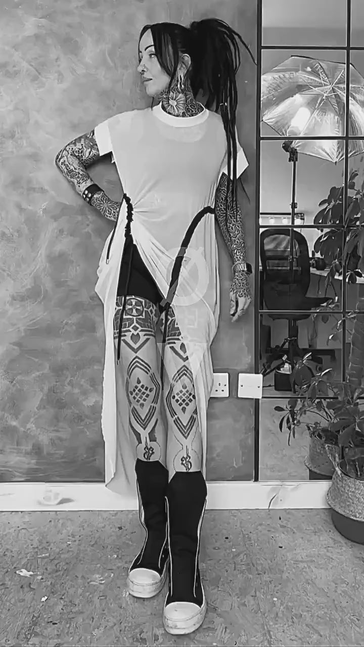 Long Oversize White Mesh Asymmetrical T-Shirt with pull ties. Goth// avant garde//