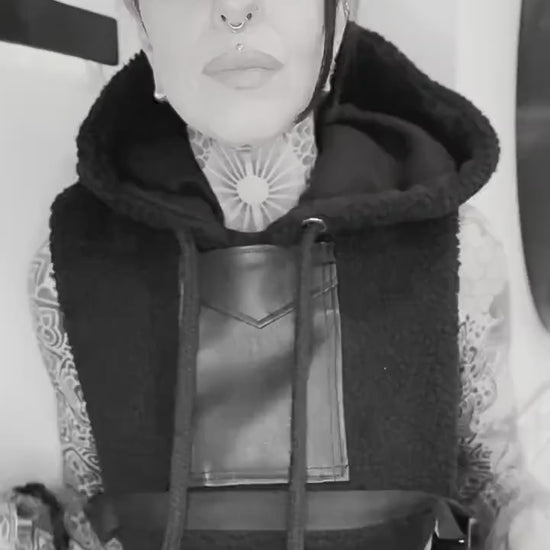 Black Sherpa Fleece Hooded Poncho with Vegan Leather Pocket // Techwear/ Goth Style