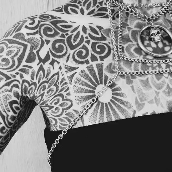 Delicate Chain Harness // Bold Square Design // Metal O Ring // Silver Skull // Goth Alternative Avant Garde.