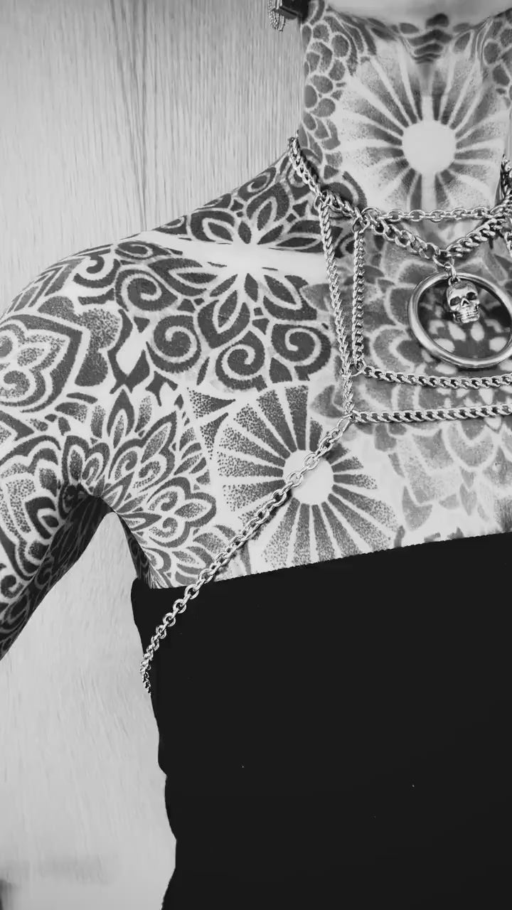 Delicate Chain Harness // Bold Square Design // Metal O Ring // Silver Skull // Goth Alternative Avant Garde.