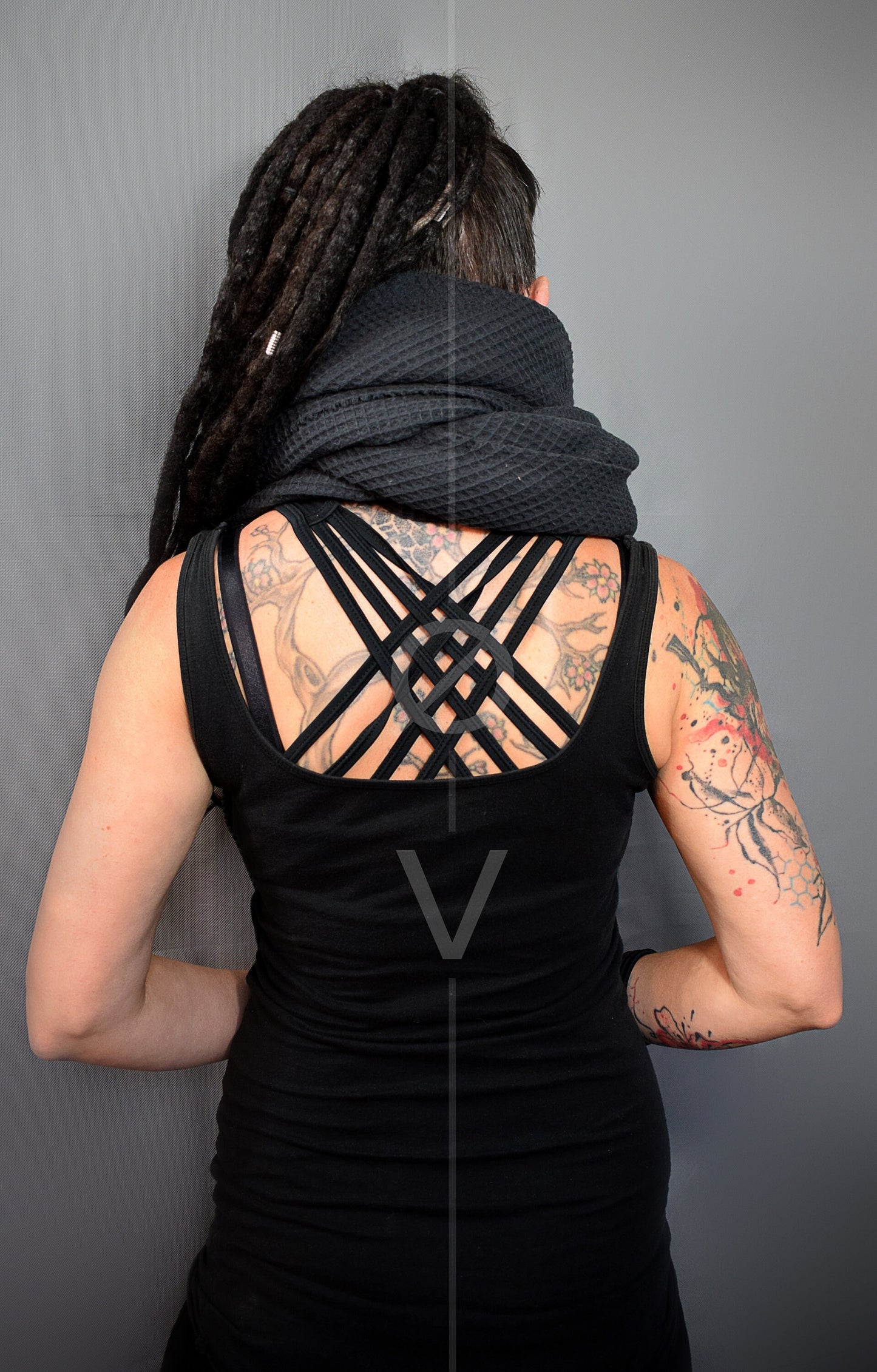 Oversize Waffle Cotton Scarf with Vegan Leather & Ring Detail // Goth + Dystopian + Futuristic