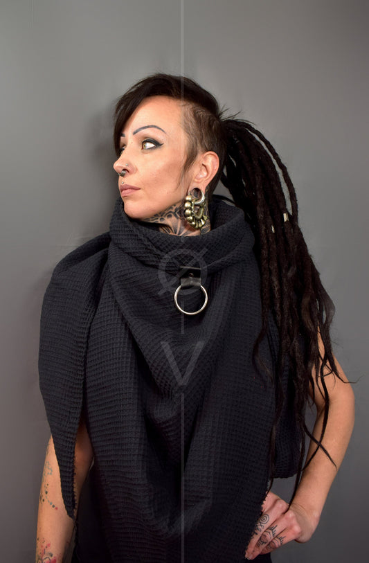 Oversize Waffle Cotton Scarf with Vegan Leather & Ring Detail // Goth + Dystopian + Futuristic