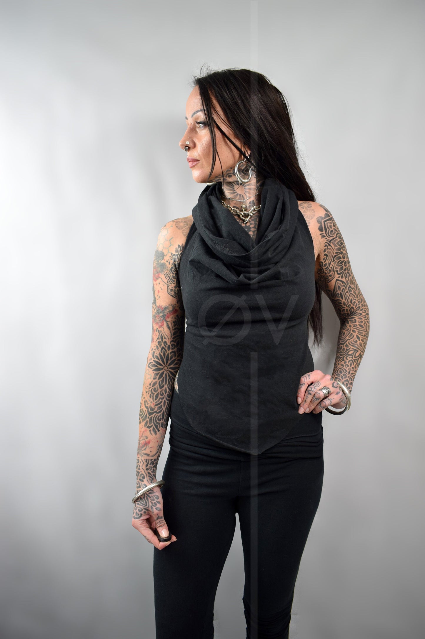 Hooded Backless Cowl Top // Hemp Jersey // Metal Details // Black // Festival // hippy // ECO