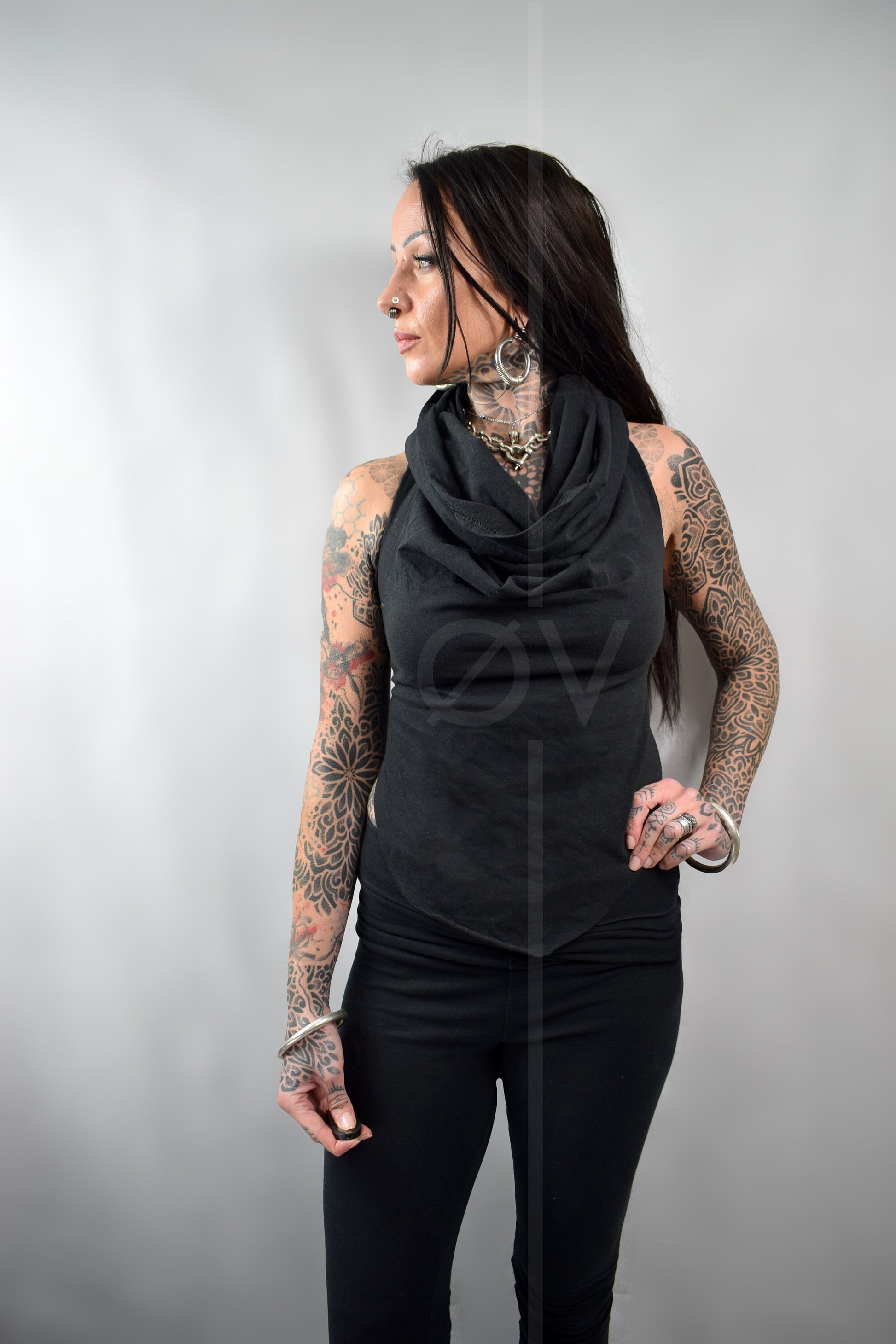 Hooded Backless Cowl Top // Hemp Jersey // Metal Details // Black // Festival // hippy // ECO