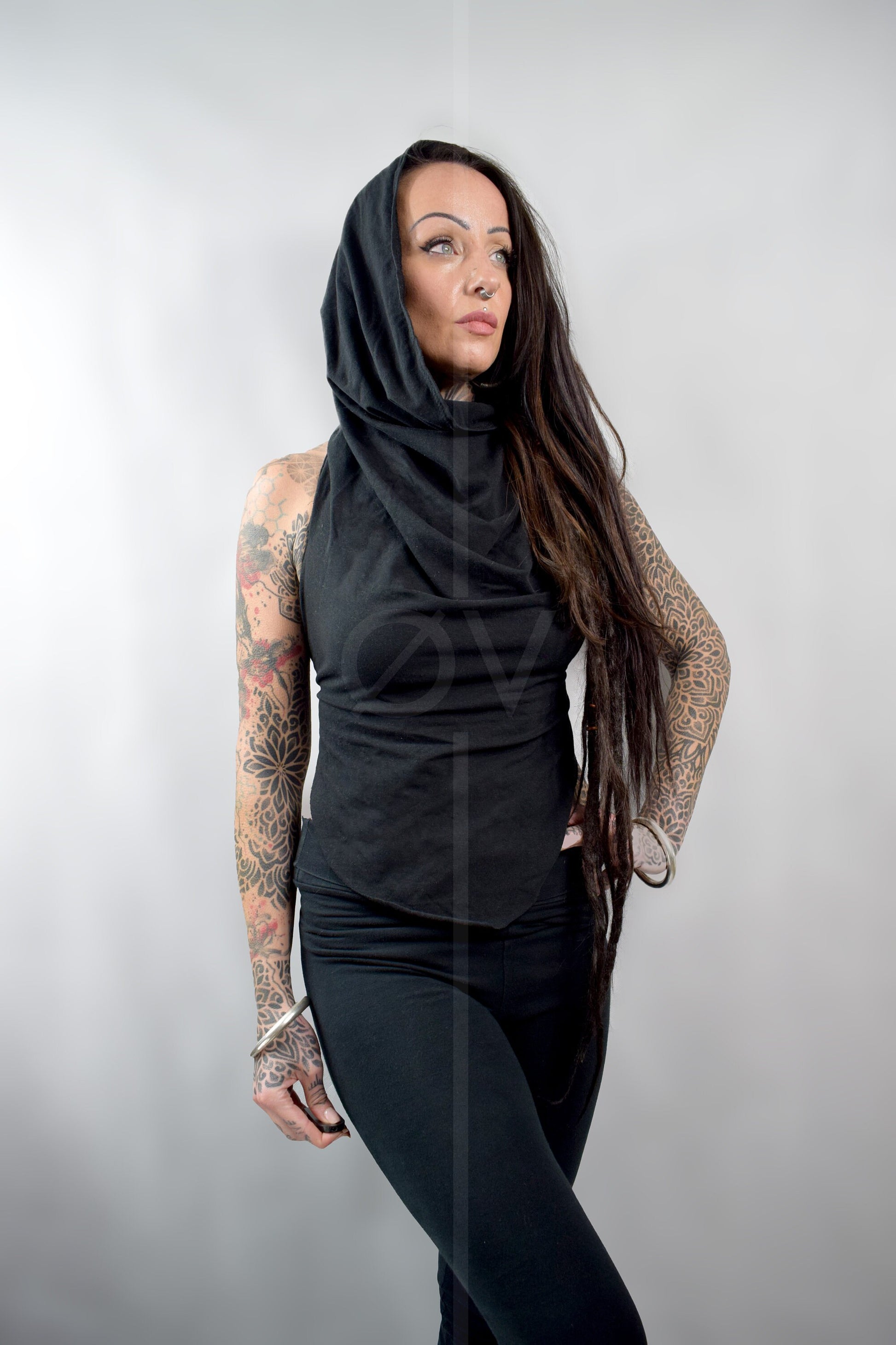 Hooded Backless Cowl Top // Hemp Jersey // Metal Details // Black // Festival // hippy // ECO