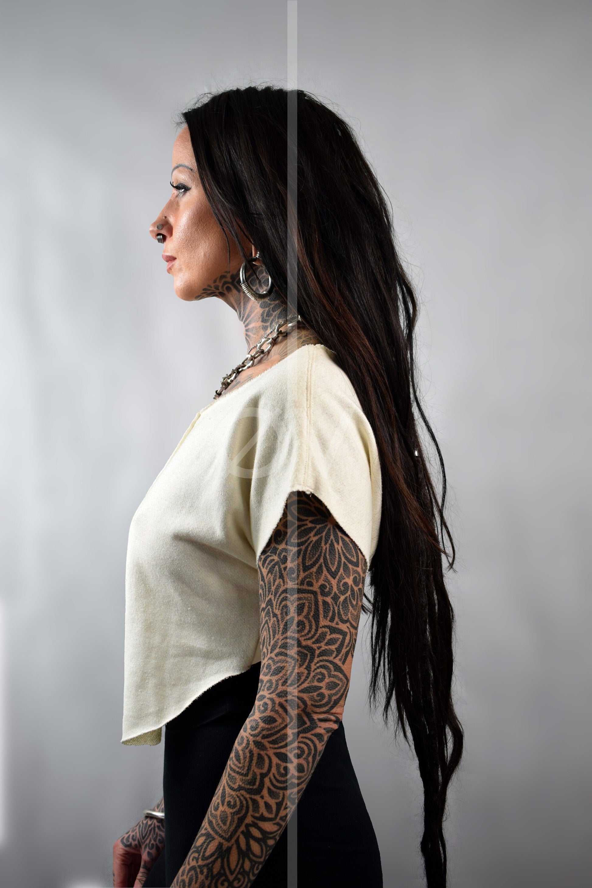 Vegan Leather Detailed Backless Cropped Sweater // Cream /White Hemp Jersey Terry // ECO
