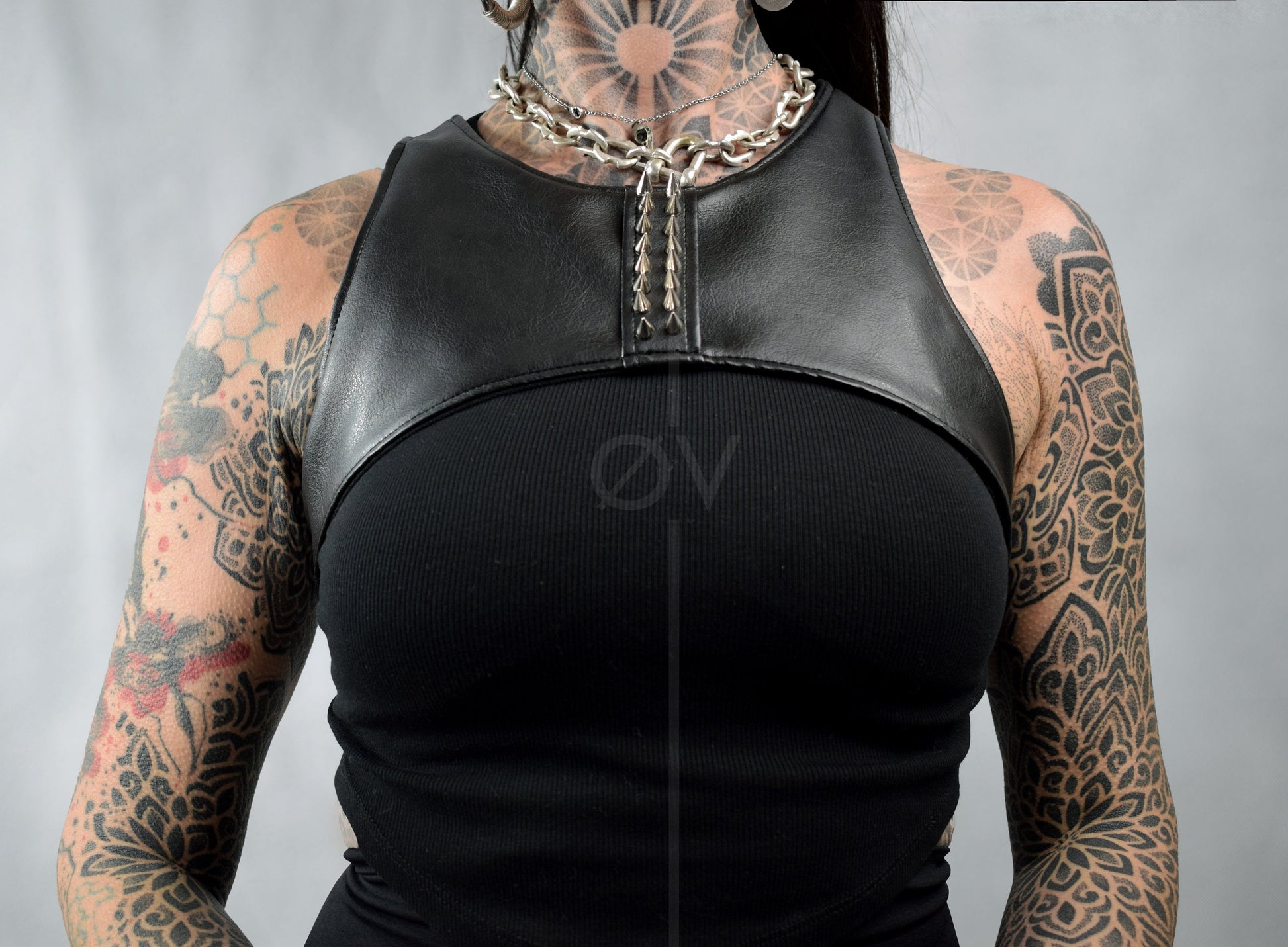 Vegan Leather Super Crop Harness Style Adjustable Top // Black // Studs // One Size // Unisex // Goth Tech Future //