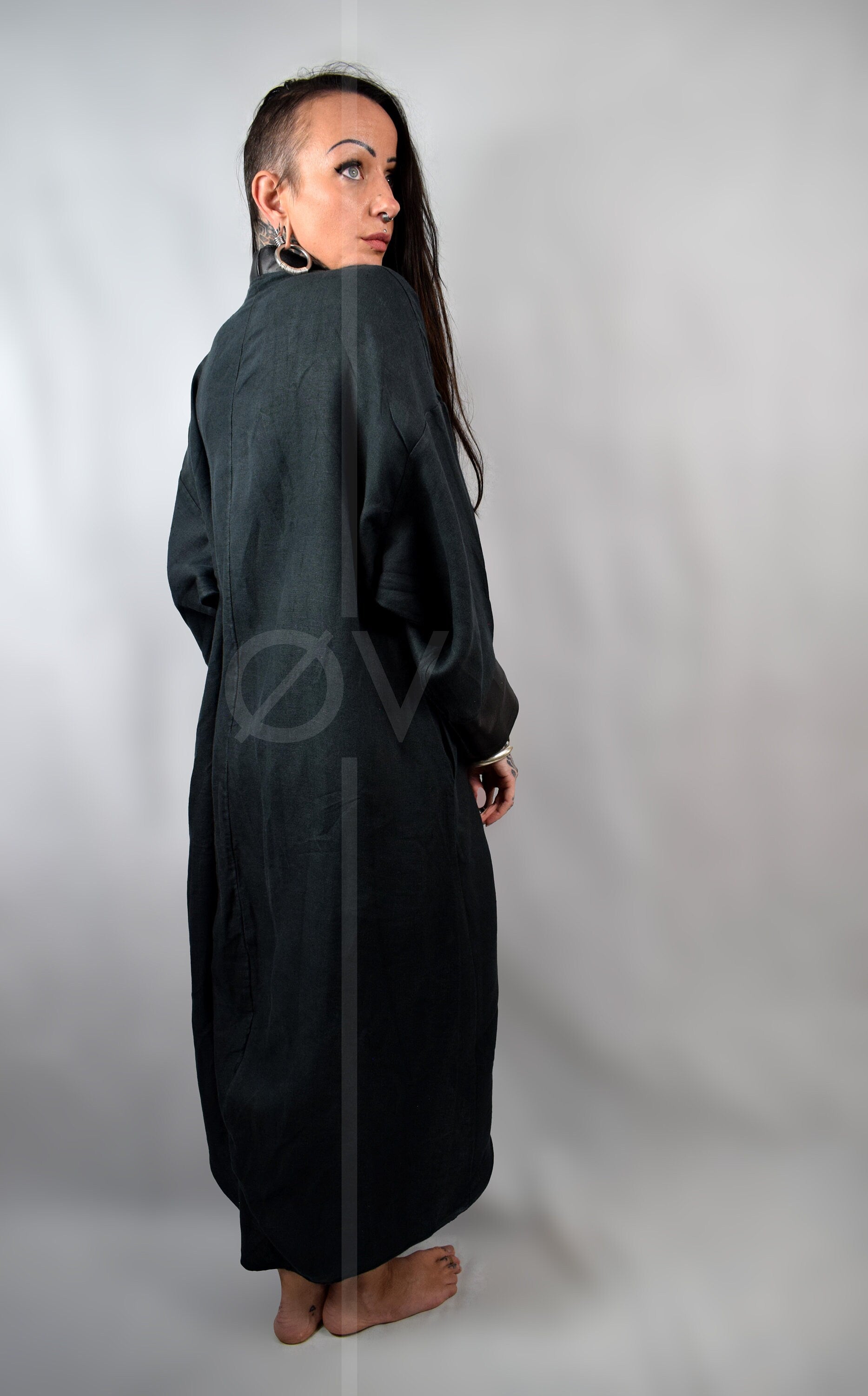 Vegan Leather and Hemp Linen Kimono / Floor Length Robe // Black // Minimalist Futuristic Goth // Sustainable // One Size