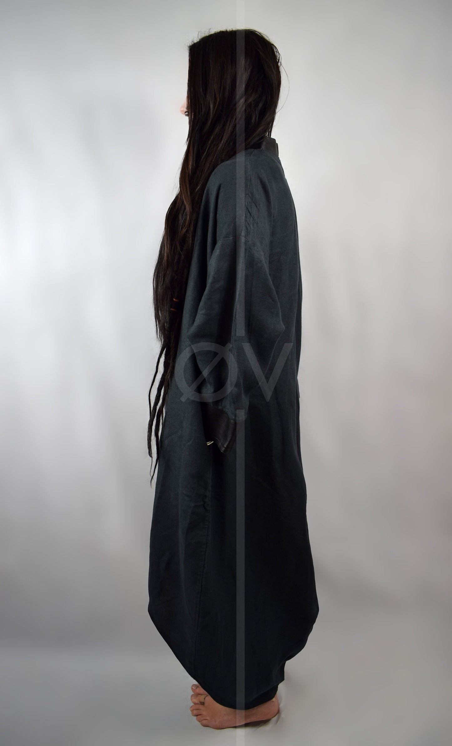 Vegan Leather and Hemp Linen Kimono / Floor Length Robe // Black // Minimalist Futuristic Goth // Sustainable // One Size