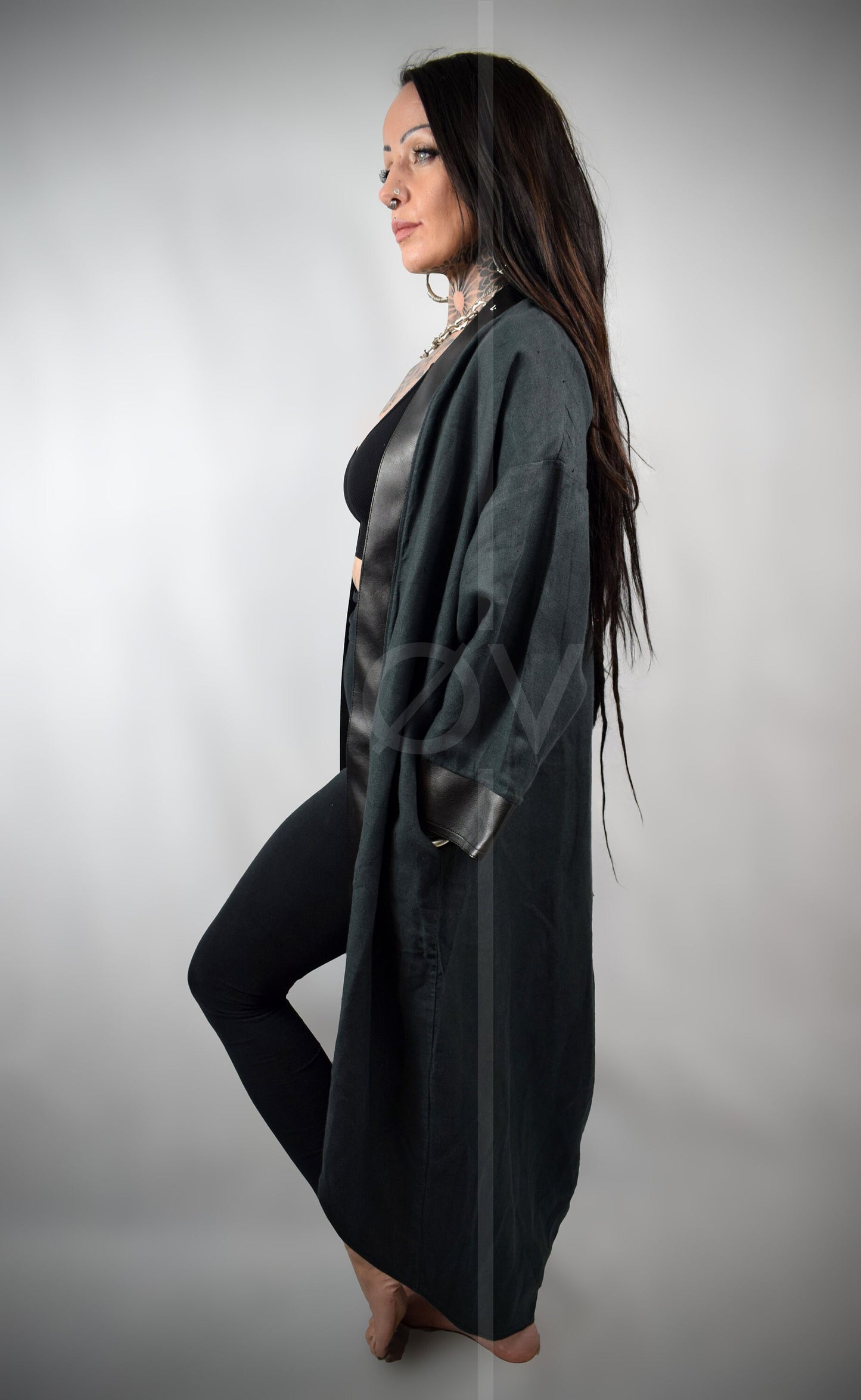 Vegan Leather and Hemp Linen Kimono / Floor Length Robe // Black // Minimalist Futuristic Goth // Sustainable // One Size