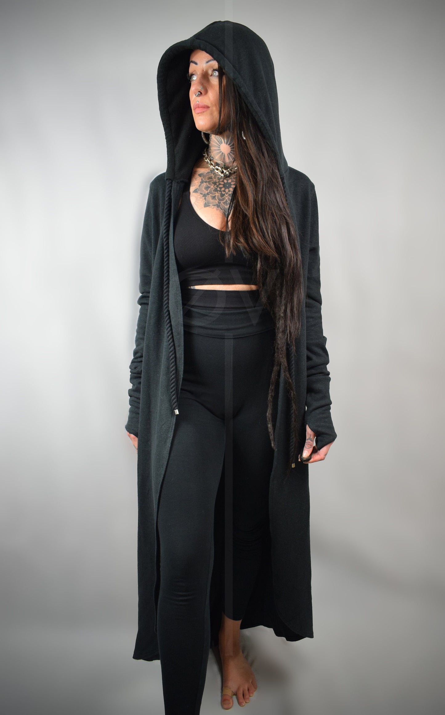 Long Floor Length Hoodie//Black Hemp//Goth Minimalist Futuristic Oversize MAXI //Sweatshirt Fleece.