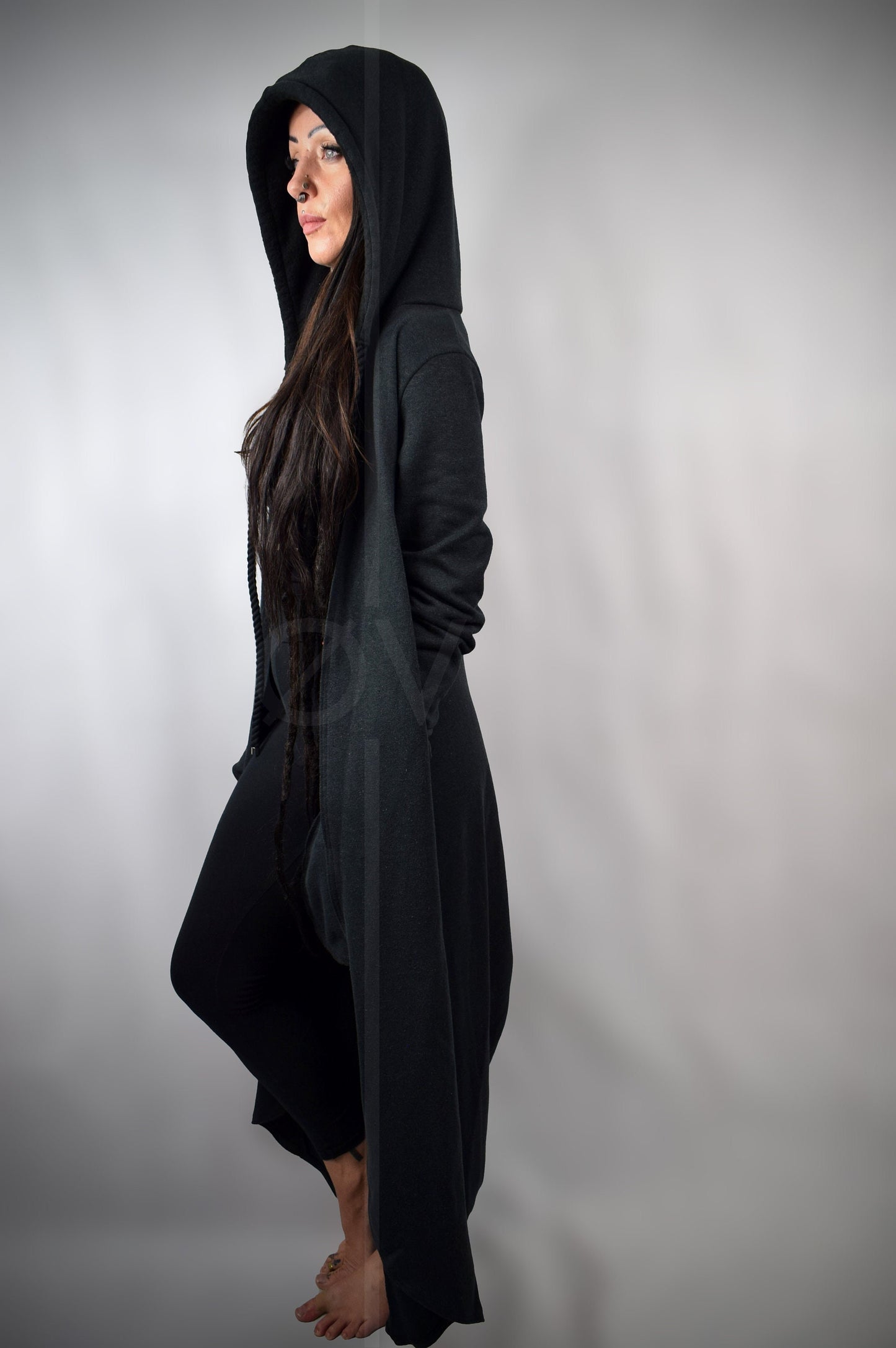 Long Floor Length Hoodie//Black Hemp//Goth Minimalist Futuristic Oversize MAXI //Sweatshirt Fleece.