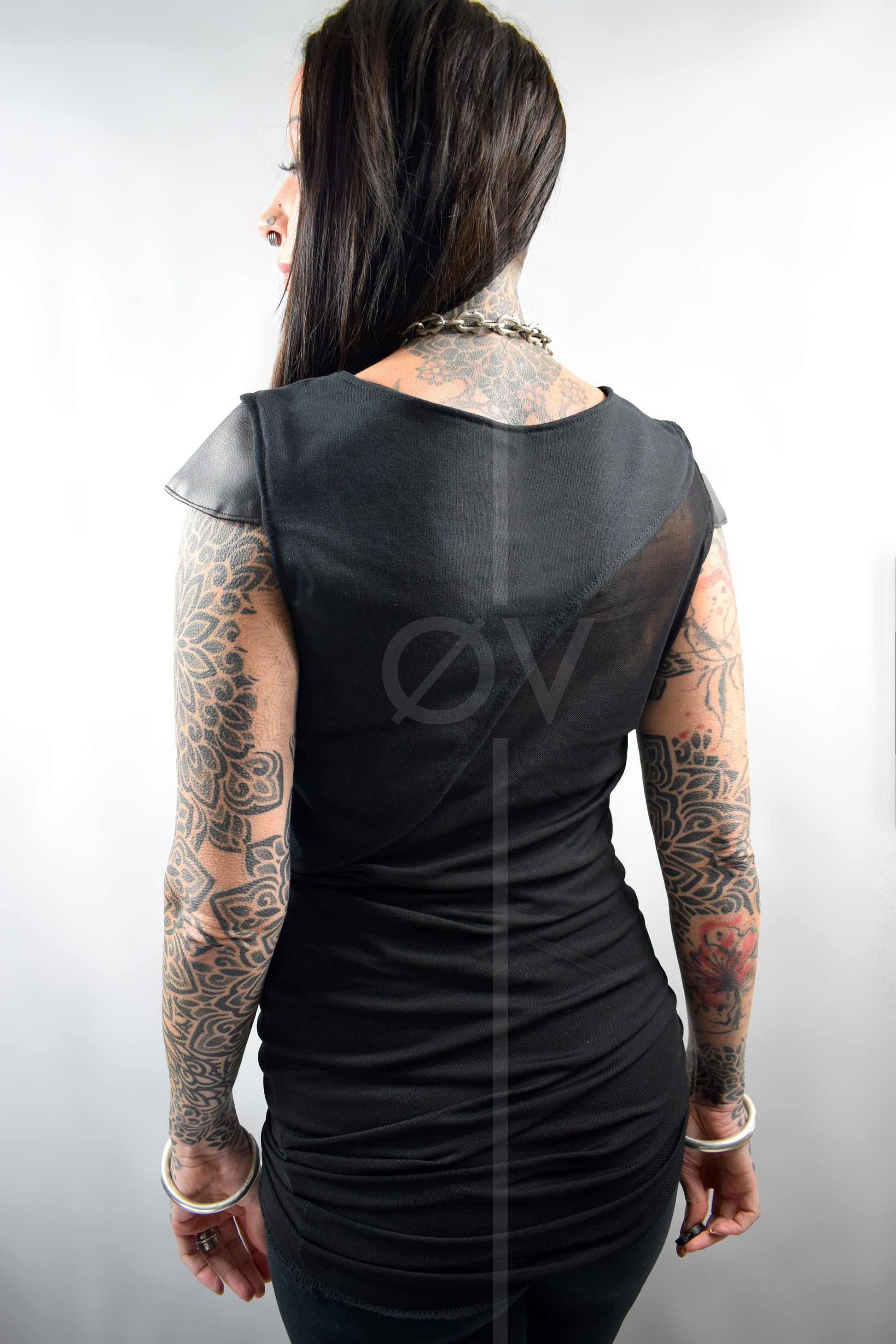 Long Mesh Top // Vegan Leather Cap Sleeves // Hemp top // Ruched Gathered // Goth Minimalist Futuristic //