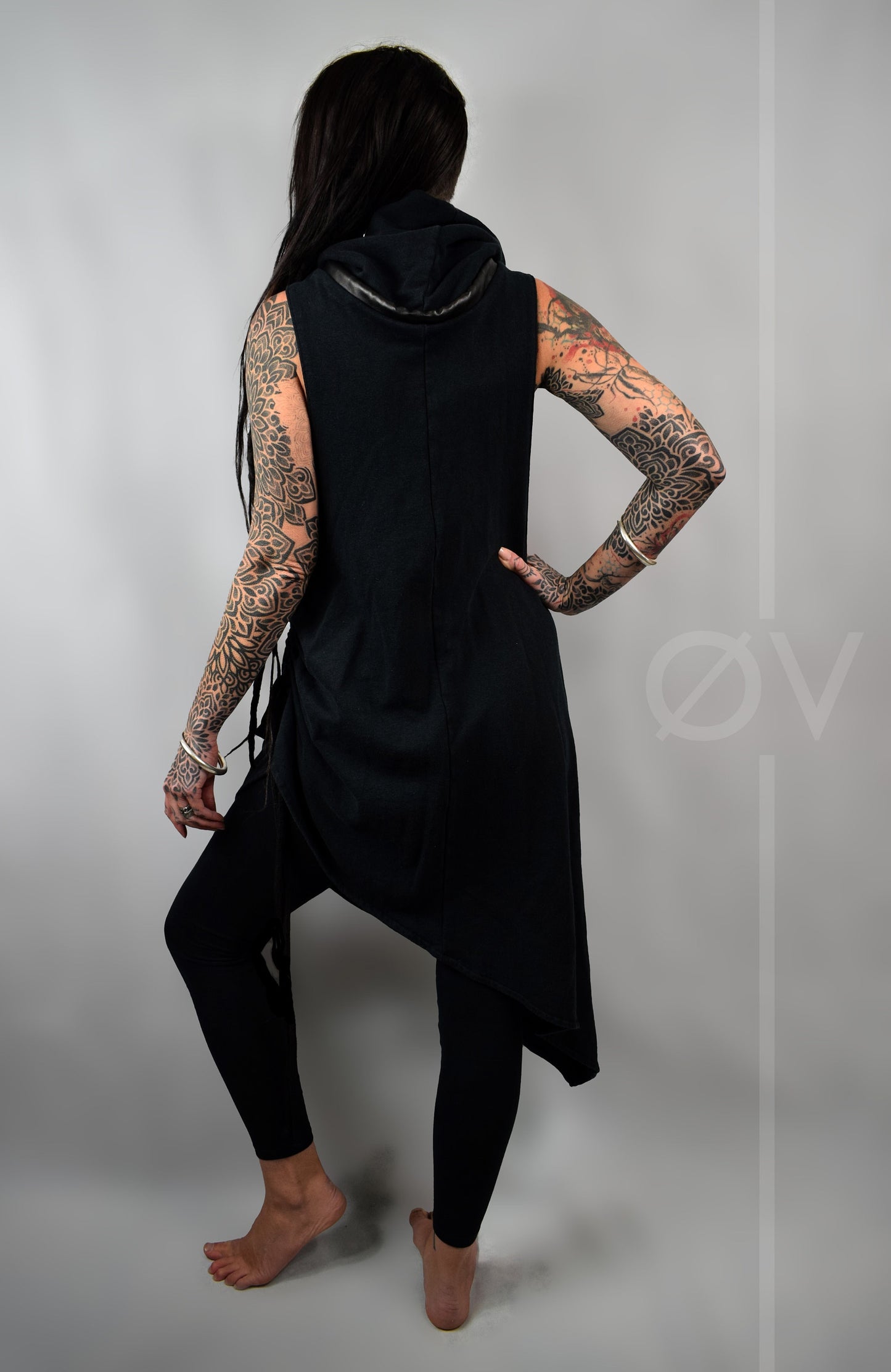 Asymmetrical Poncho Cape Dress Cowl // Black Hemp Cotton Sweatshirt Fleece Vegan Leather // Minimalist Goth Beach Hippy // Sustainable