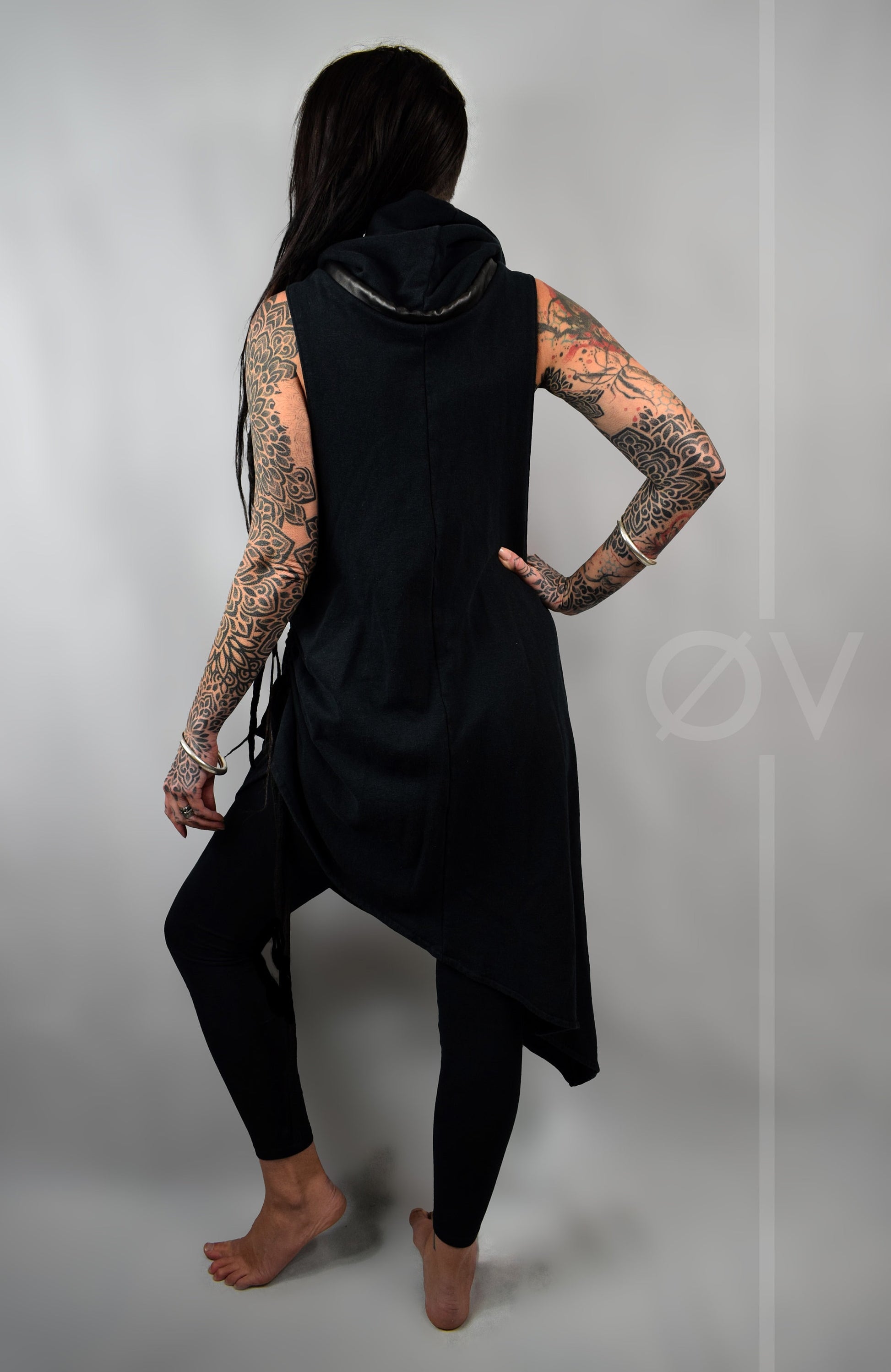 Asymmetrical Poncho Cape Dress Cowl // Black Hemp Cotton Sweatshirt Fleece Vegan Leather // Minimalist Goth Beach Hippy // Sustainable