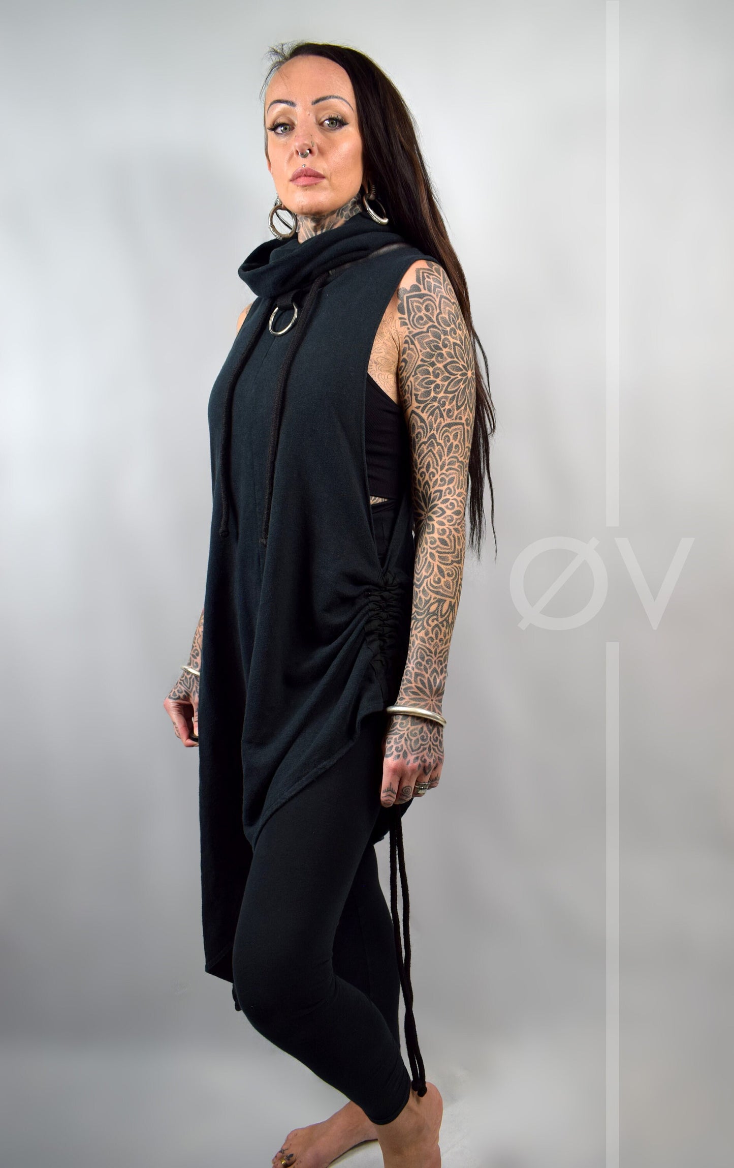 Asymmetrical Poncho Cape Dress Cowl // Black Hemp Cotton Sweatshirt Fleece Vegan Leather // Minimalist Goth Beach Hippy // Sustainable