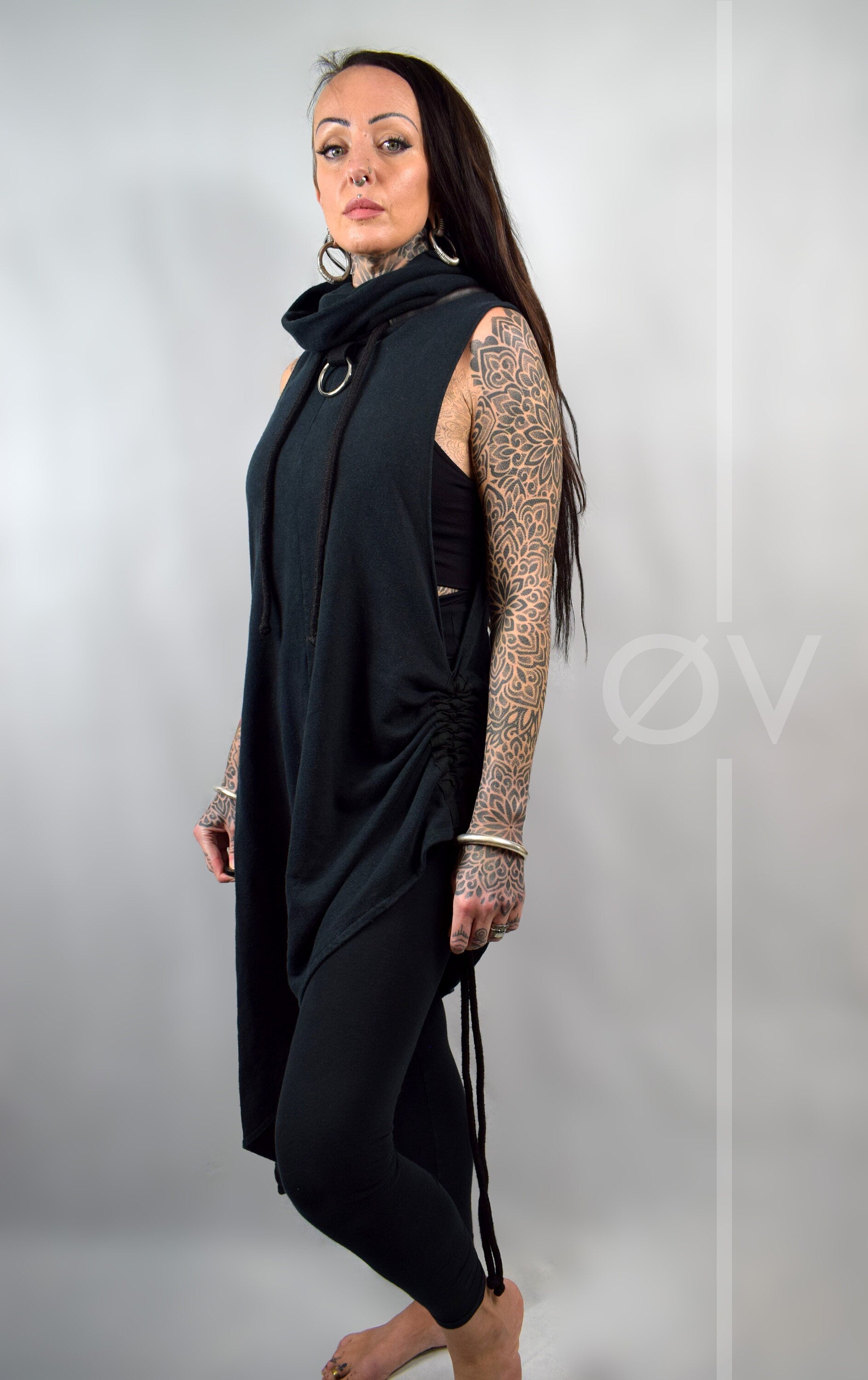 Asymmetrical Poncho Cape Dress Cowl // Black Hemp Cotton Sweatshirt Fleece Vegan Leather // Minimalist Goth Beach Hippy // Sustainable