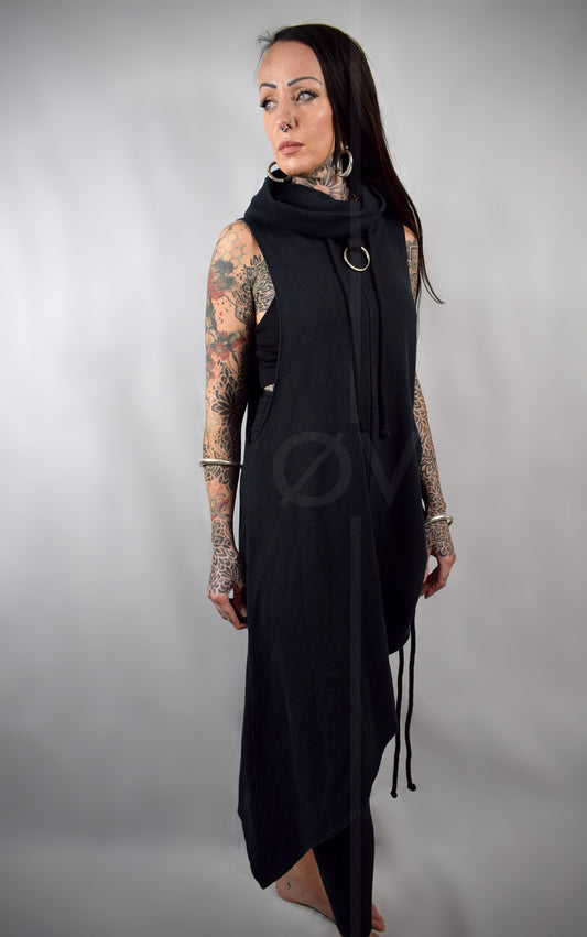 Asymmetrical Poncho Cape Dress Cowl // Black Hemp Cotton Sweatshirt Fleece Vegan Leather // Minimalist Goth Beach Hippy // Sustainable