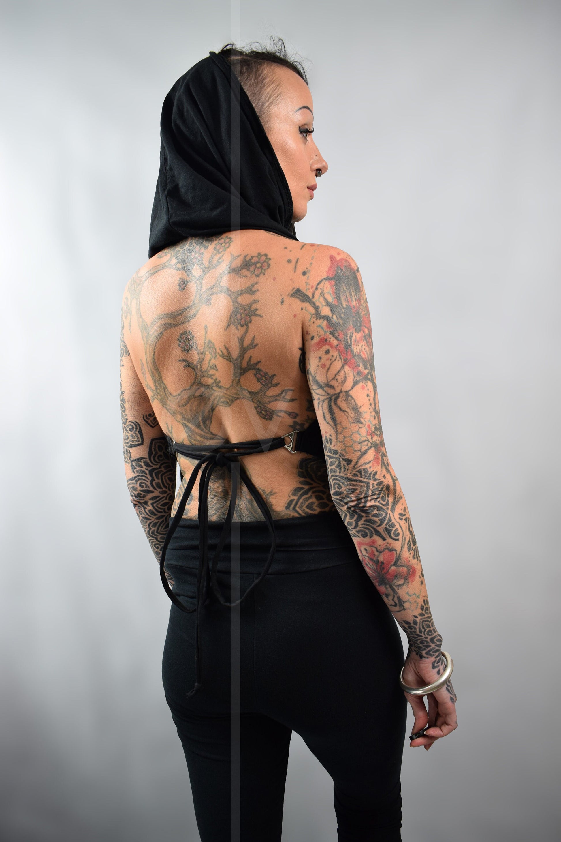 Hooded Backless Cowl Top // Hemp Jersey // Metal Details // Black // Festival // hippy // ECO