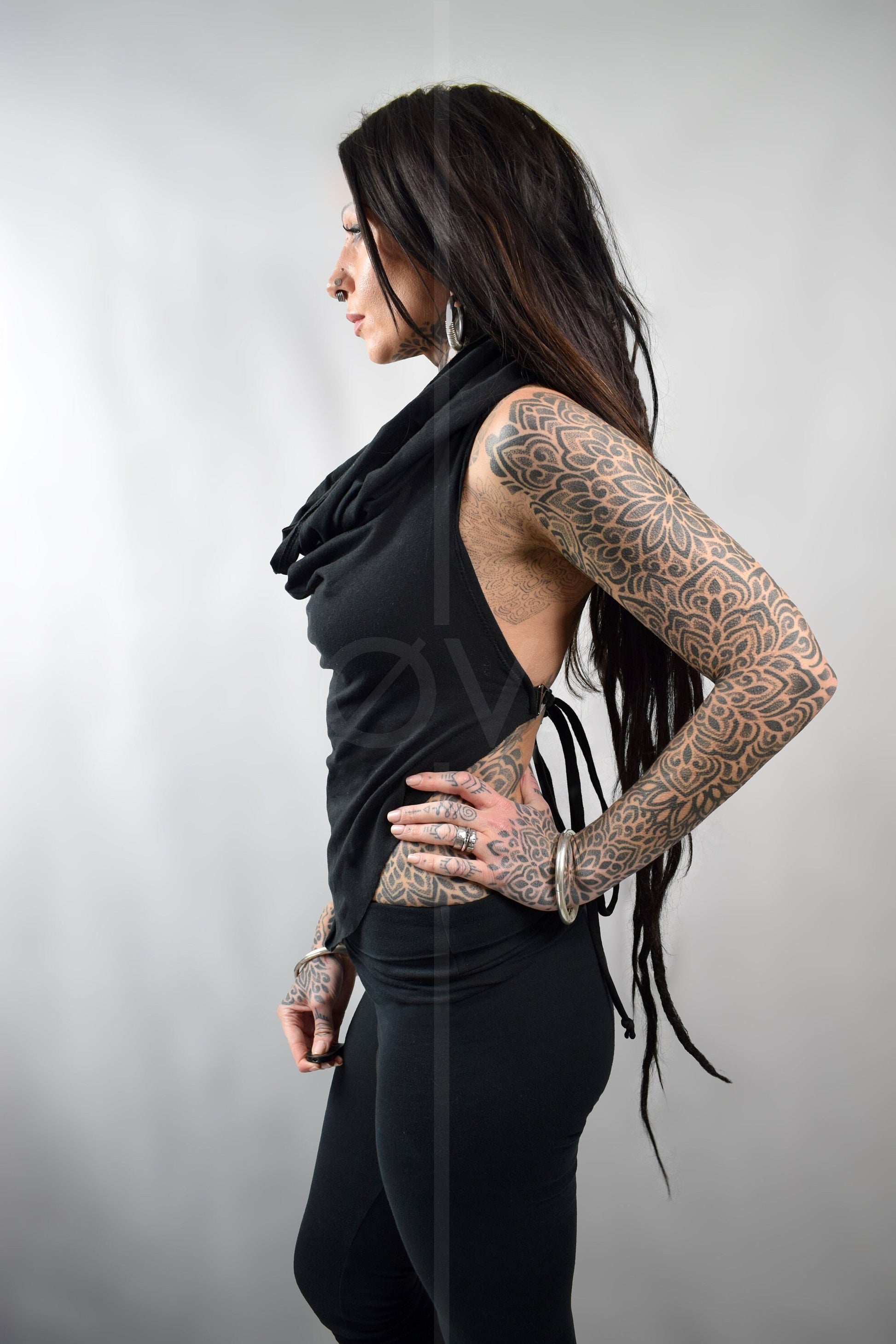 Hooded Backless Cowl Top // Hemp Jersey // Metal Details // Black // Festival // hippy // ECO
