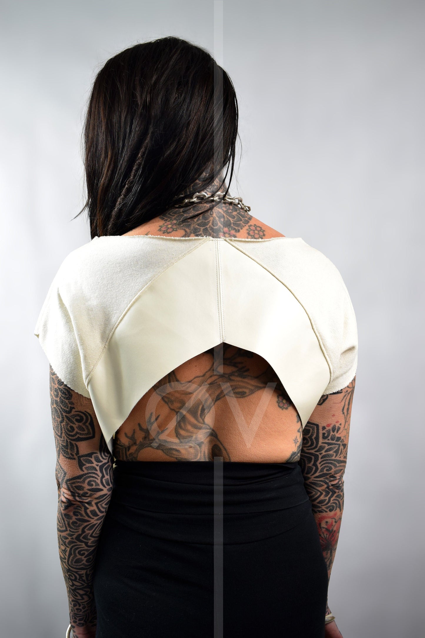 Vegan Leather Detailed Backless Cropped Sweater // Cream /White Hemp Jersey Terry // ECO