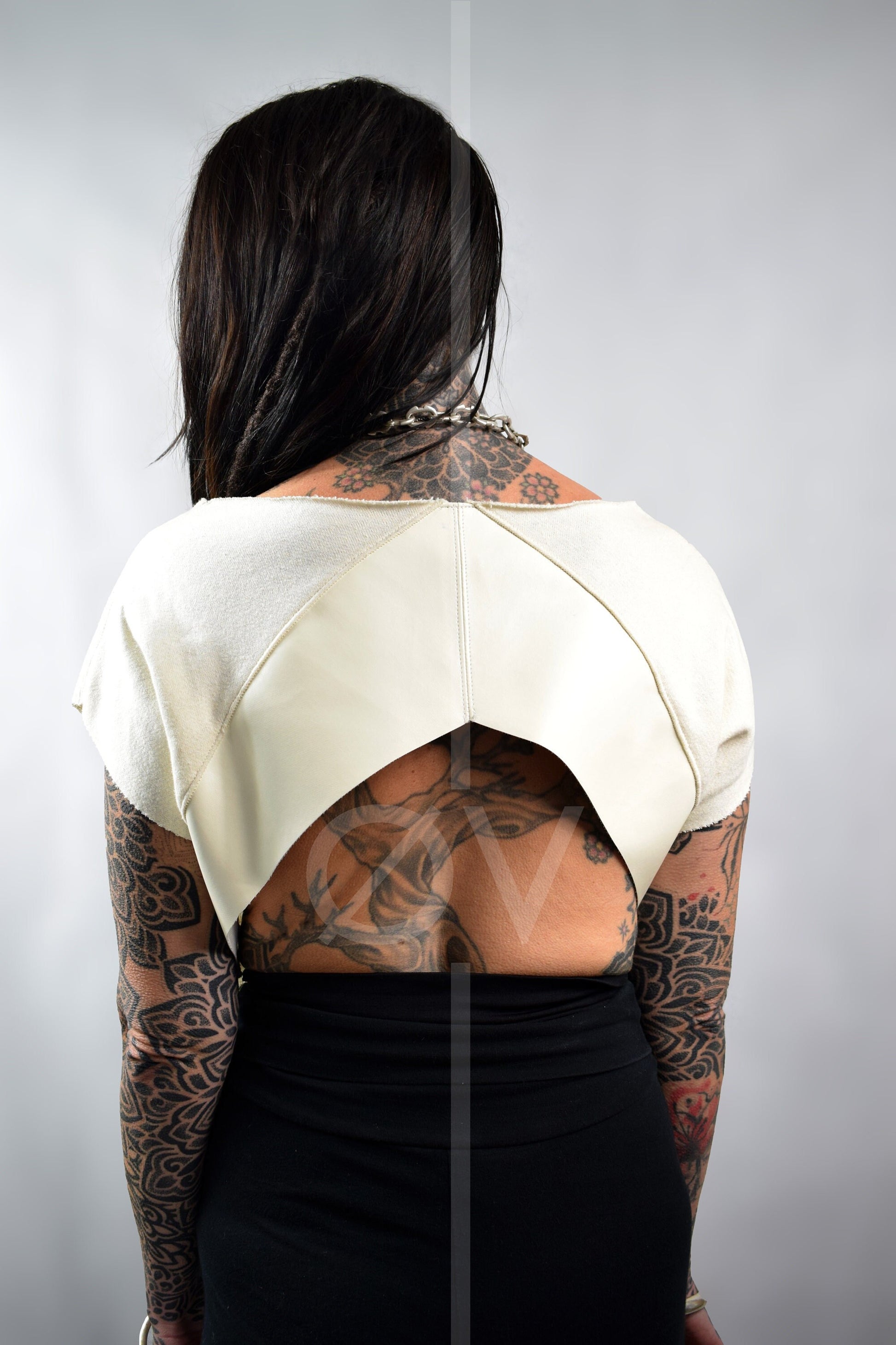 Vegan Leather Detailed Backless Cropped Sweater // Cream /White Hemp Jersey Terry // ECO