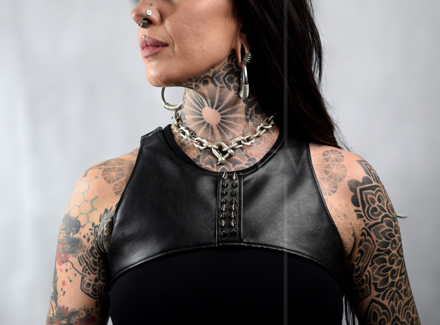 Vegan Leather Super Crop Harness Style Adjustable Top // Black // Studs // One Size // Unisex // Goth Tech Future //