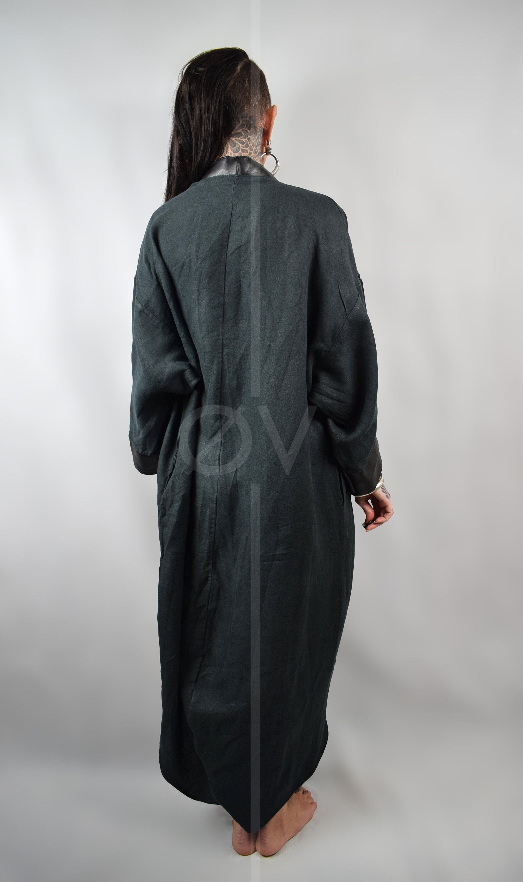 Vegan Leather and Hemp Linen Kimono / Floor Length Robe // Black // Minimalist Futuristic Goth // Sustainable // One Size