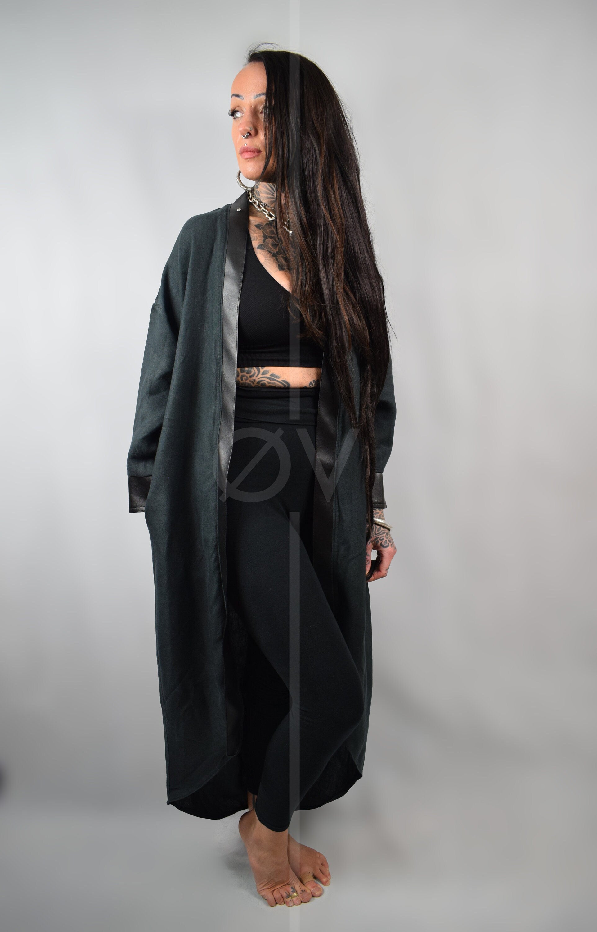 Vegan Leather and Hemp Linen Kimono / Floor Length Robe // Black // Minimalist Futuristic Goth // Sustainable // One Size
