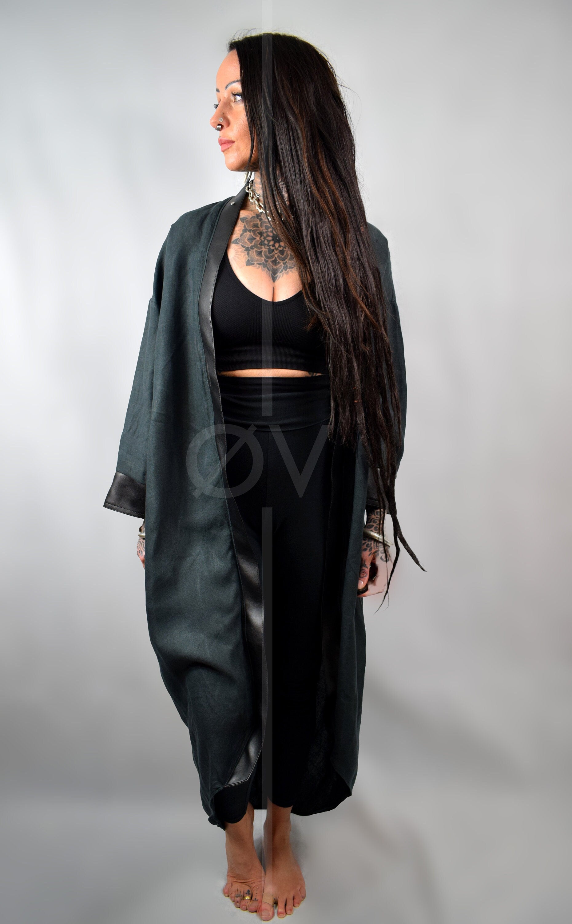 Vegan Leather and Hemp Linen Kimono / Floor Length Robe // Black // Minimalist Futuristic Goth // Sustainable // One Size