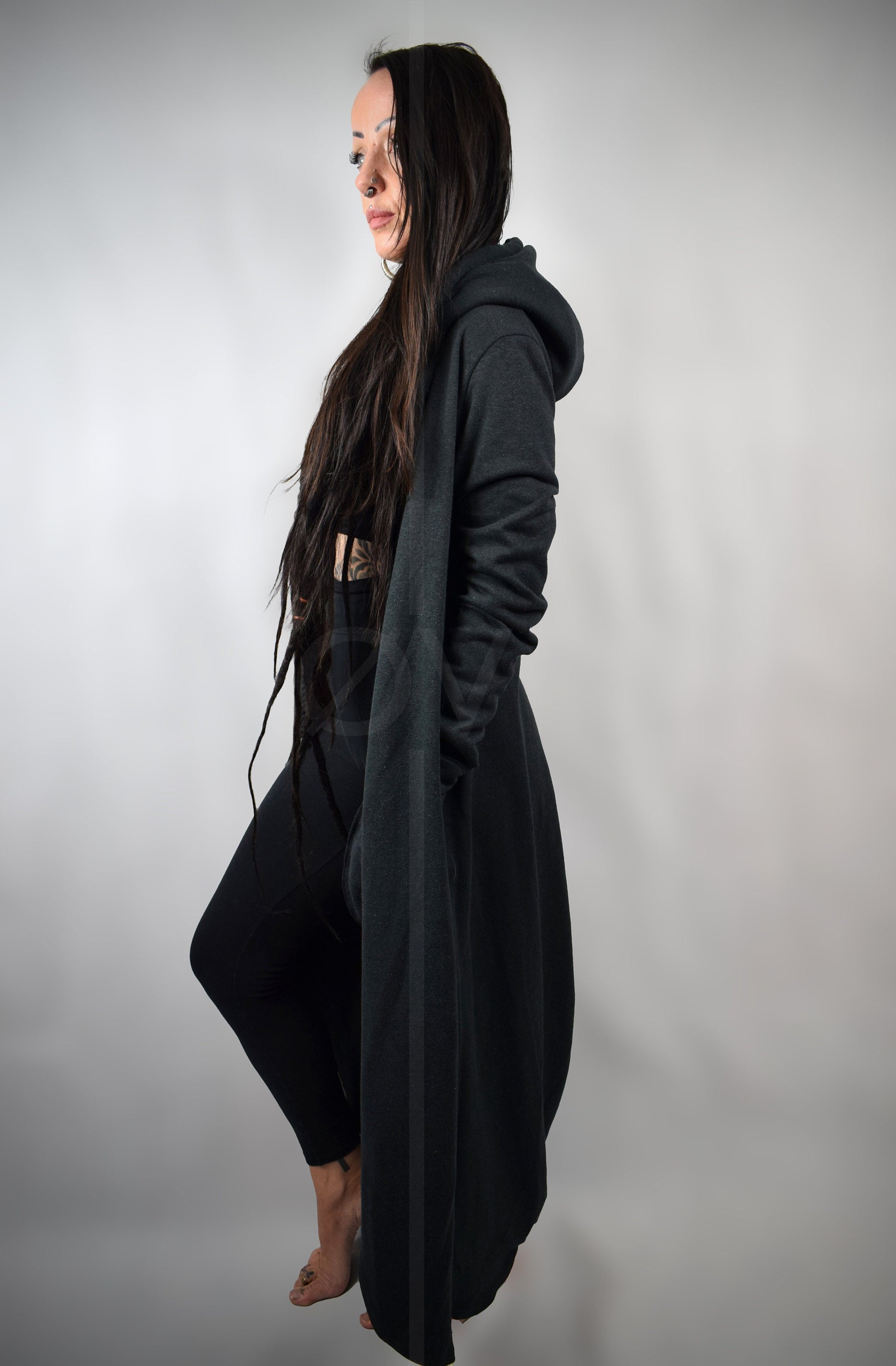 Long Floor Length Hoodie//Black Hemp//Goth Minimalist Futuristic Oversize MAXI //Sweatshirt Fleece.