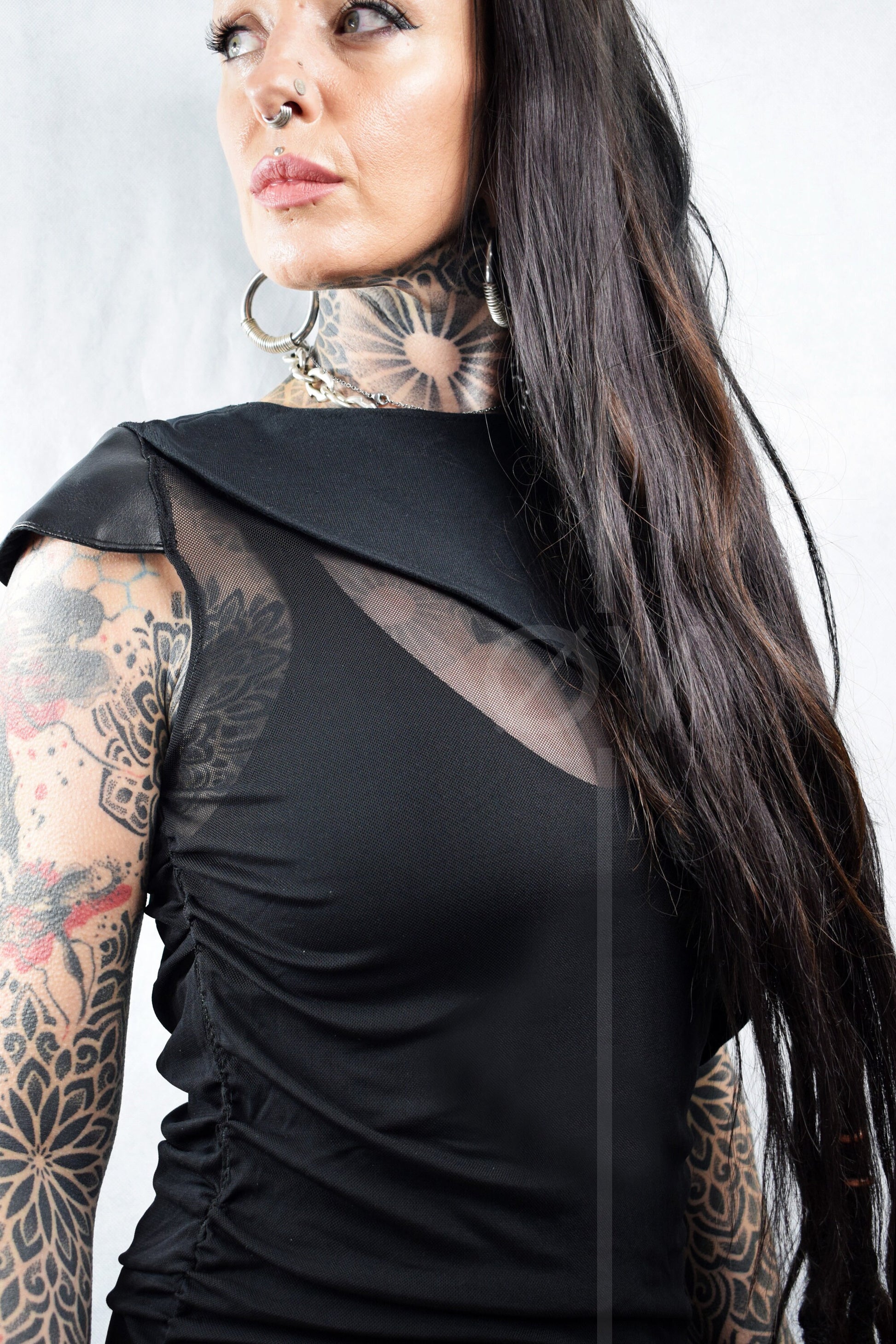 Long Mesh Top // Vegan Leather Cap Sleeves // Hemp top // Ruched Gathered // Goth Minimalist Futuristic //