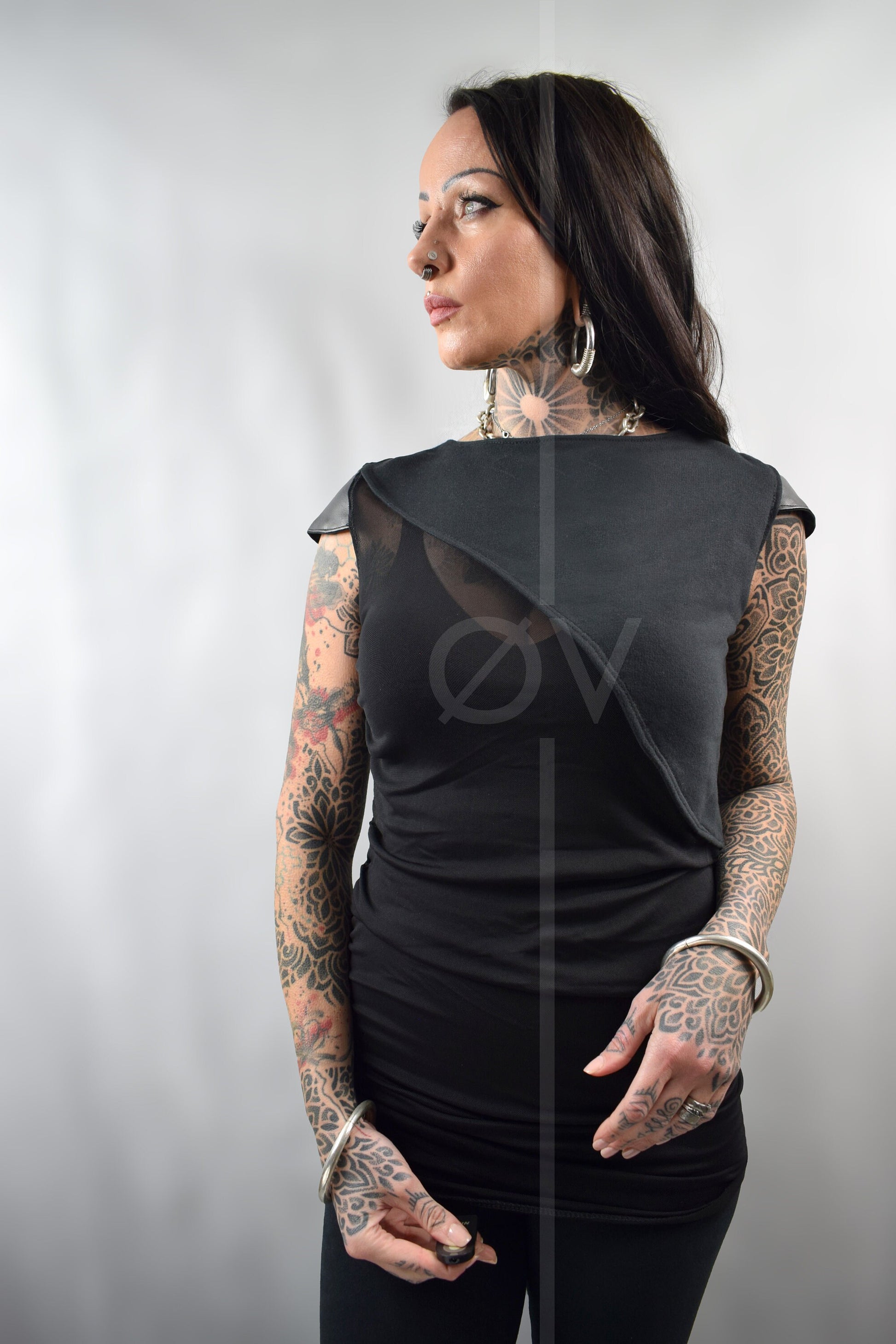 Long Mesh Top // Vegan Leather Cap Sleeves // Hemp top // Ruched Gathered // Goth Minimalist Futuristic //