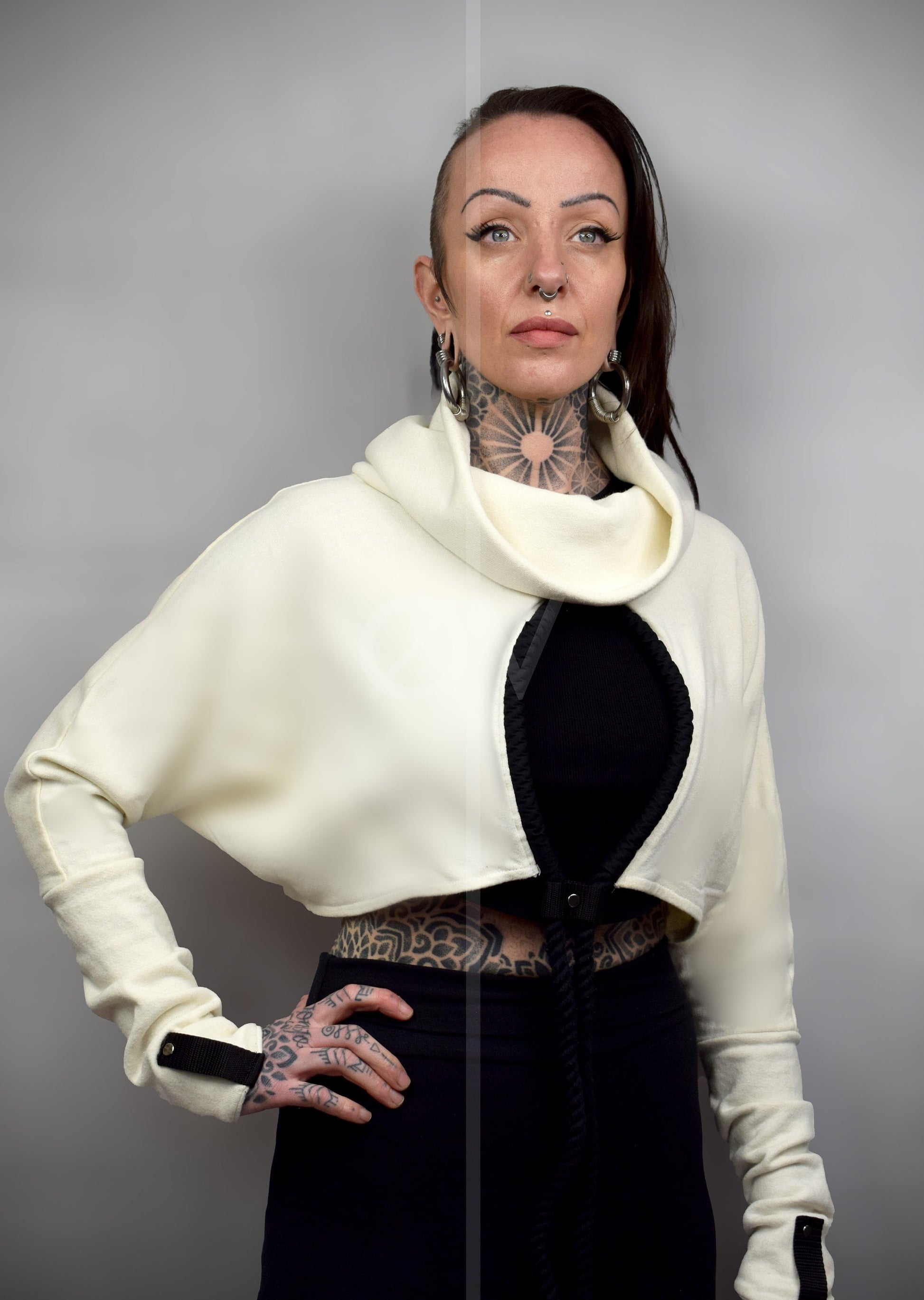 Cropped Cowl Neck Hemp Sweatshirt/Jumper with rope detailing // Techwear/ Goth