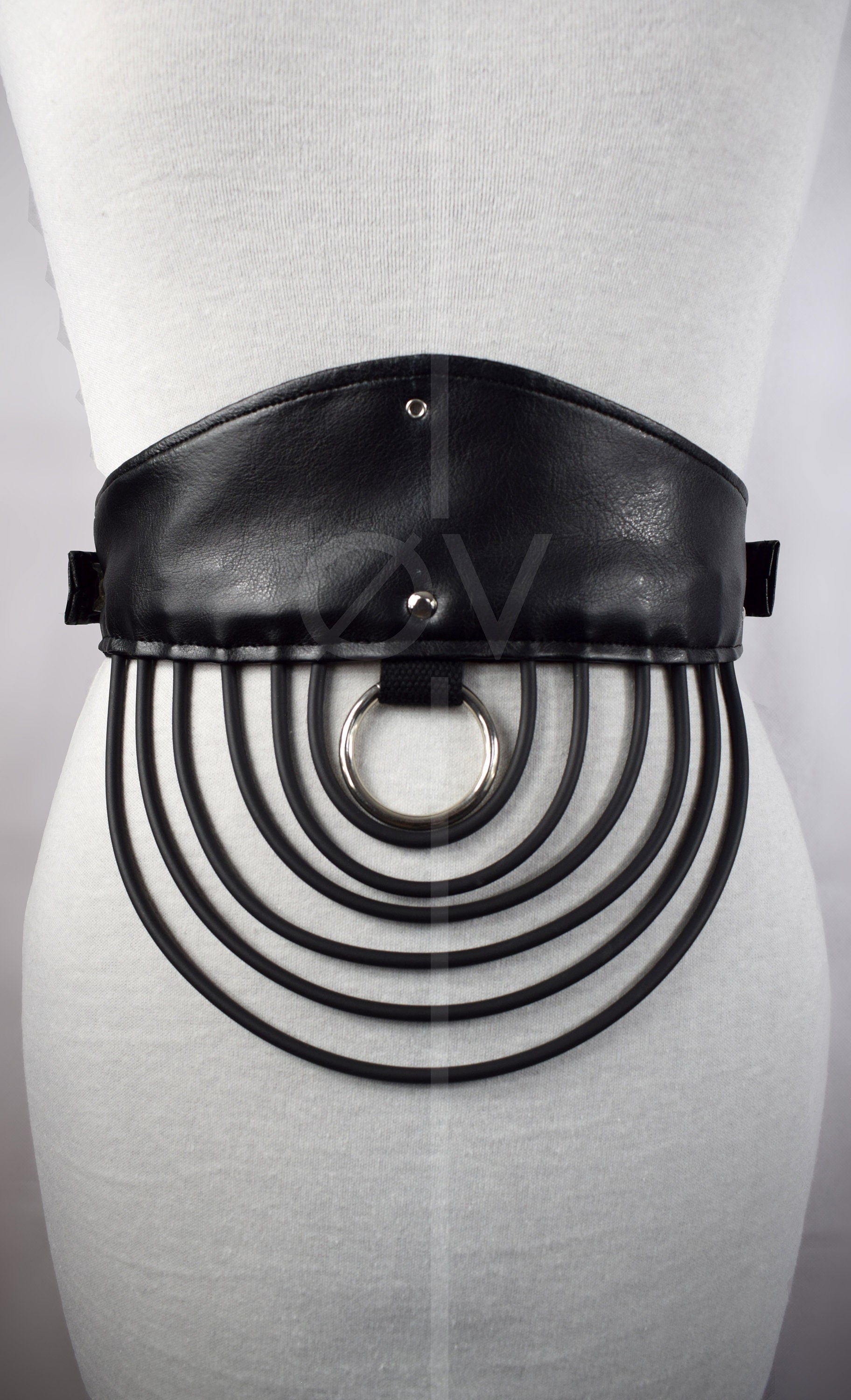 Adjustable Black Vegan Leather Goth Waist Belt with Tubing and Ring detail // Goth/ Industrial/ Fetish.