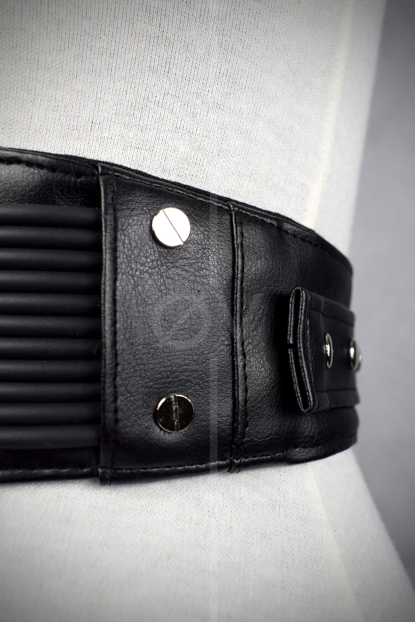 Adjustable Black Vegan Leather Wide Waist Belt/Corset With Tubing Details // Goth/ Industrial