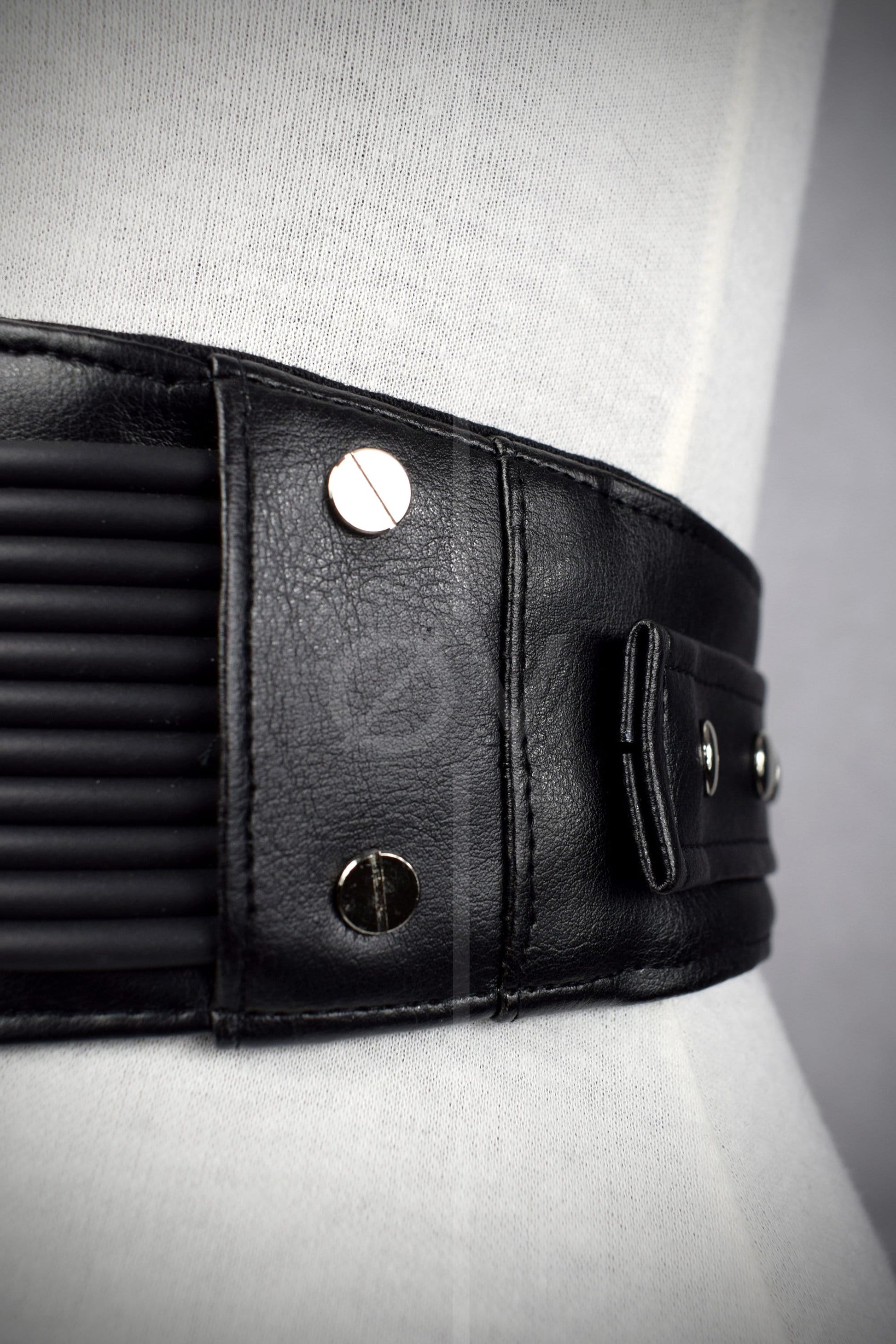 Adjustable Black Vegan Leather Wide Waist Belt/Corset With Tubing Details // Goth/ Industrial